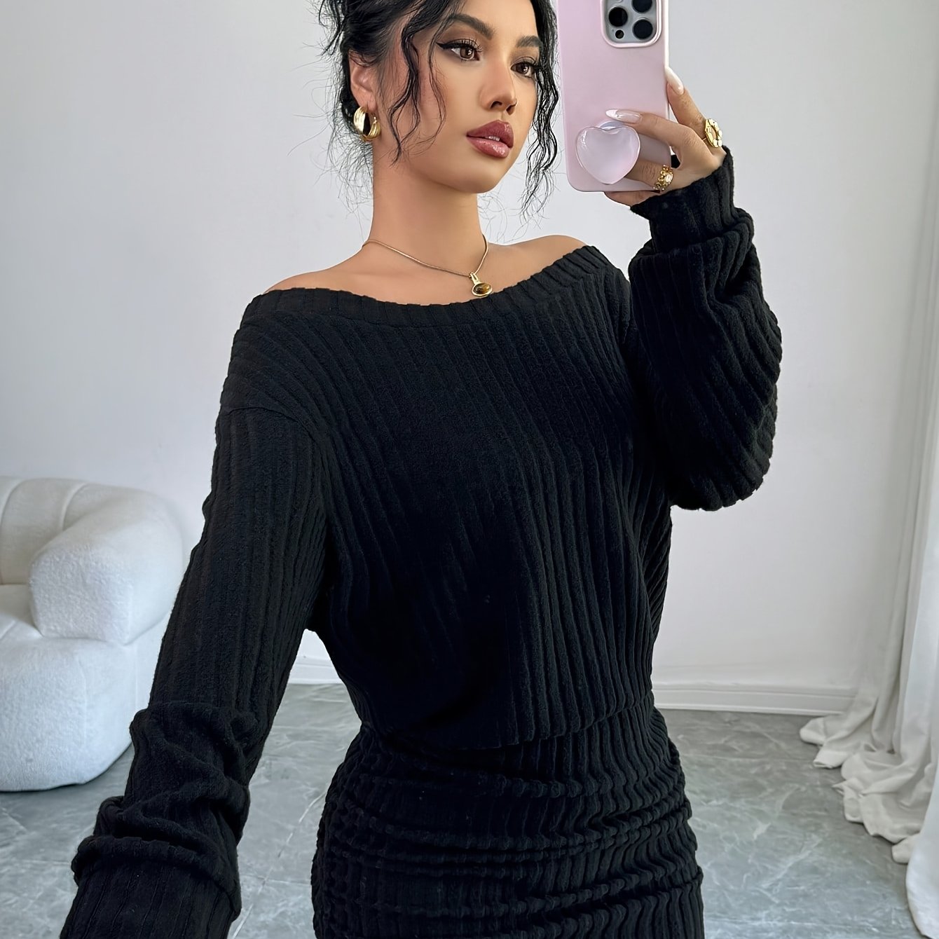 TEMU Women's Casual Versatile Off-shoulder Ribbed Long-sleeve Cropped Slim-fit Dress, Suitable For Autumn/winter, Thanksgiving, New Year, And Other