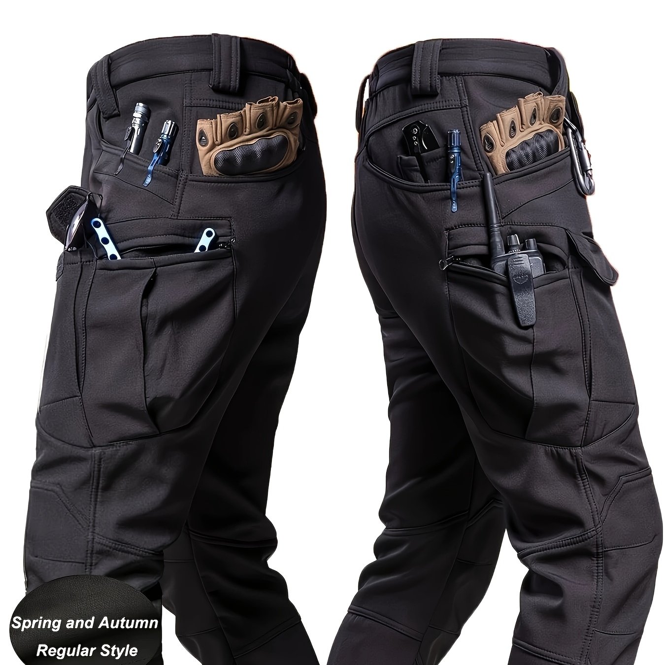 Men's Stretchy Black Cargo Work Pants - Elastic Waist, Multi- For Hiking & Everyday , Durable & Fit, Outdoor Pants|casual Cargo Pants|glossy Finish Pant