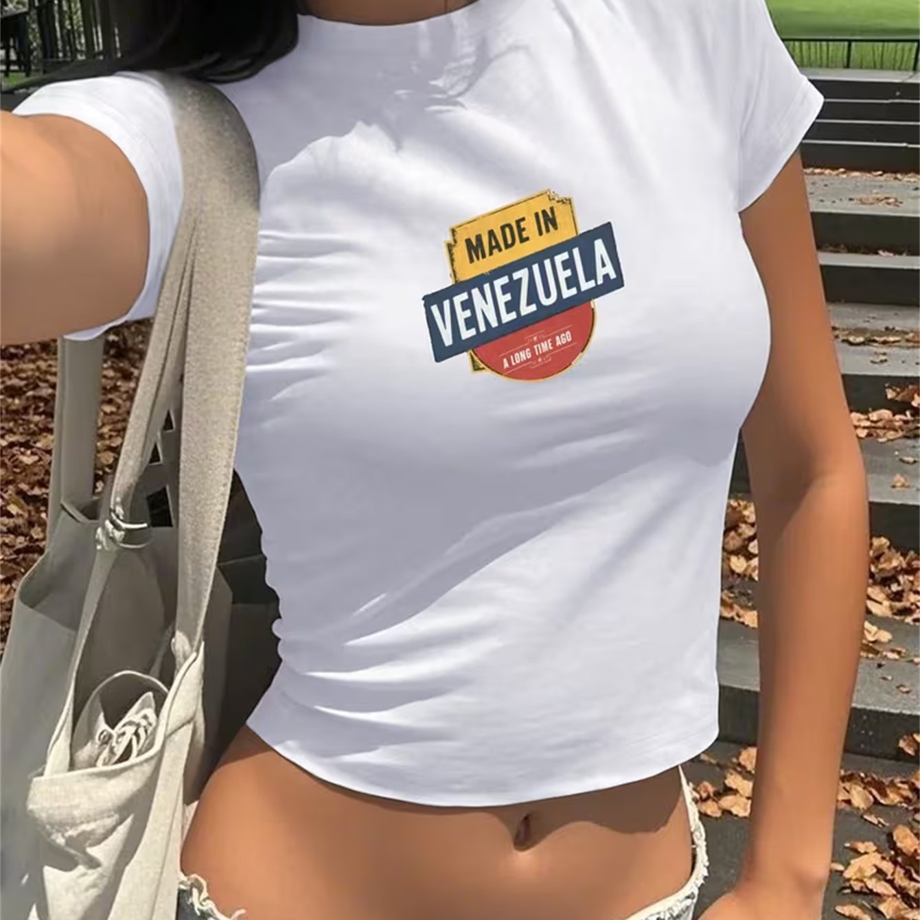 TEMU 1pc Women's Y2k Style Short-sleeve Cropped T-shirt With Letter Print, Made In Venezuela, Slim Fit Casual Summer Top