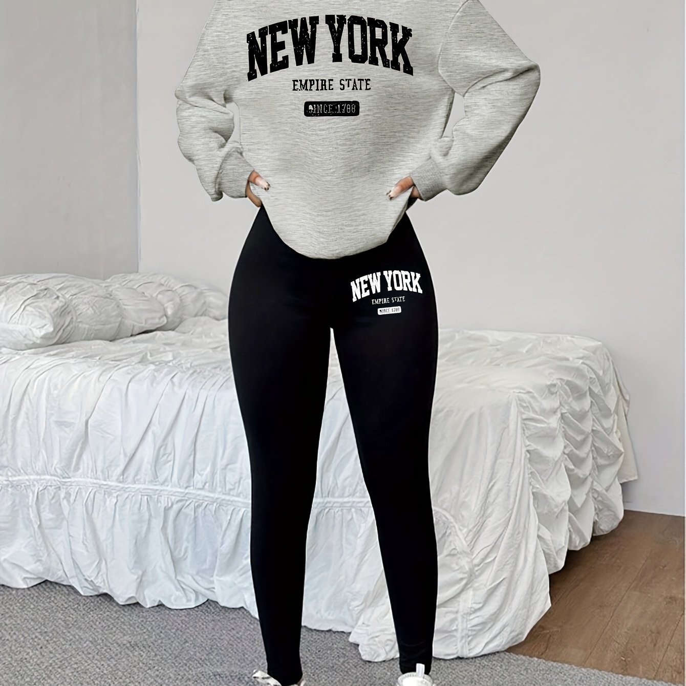 TEMU 0909, 1 Set Of Casual Women's Sweatshirt Set (2pcs), City Name Print, Round Neck Long Sleeve Sweatshirt, Long Leggings, Worn Alone Or Layered,