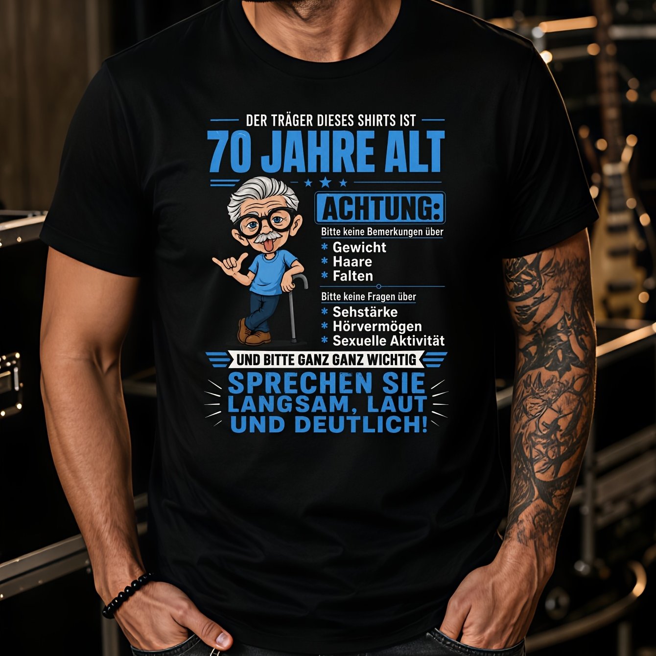 Image of Men's Funny 70th Birthday T-shirt German Quote "70 Jahre" Grandpa Cane Suitable For Grandfather Milestone Gift, Lightweight Crew Neck Short Sleeve Tee For 70th Birthday Celebration Present