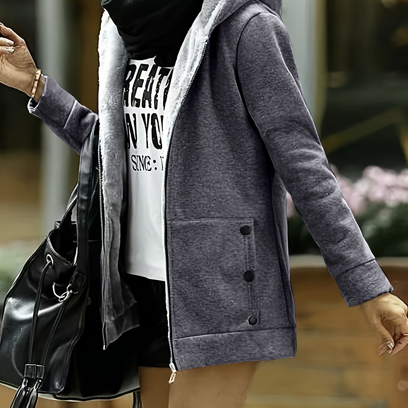 TEMU Women's Fall Winter Fleece Hooded Jacket Windproof Casual Long Sleeve Solid Color Pocket Detail Zipper Open Front Sweatshirt Coat