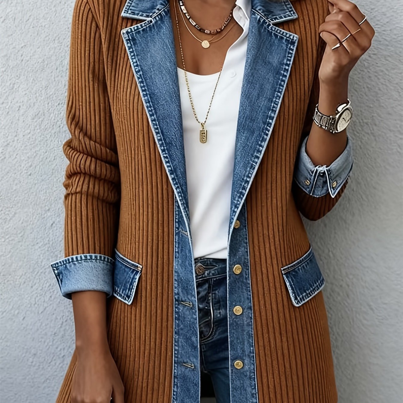 Image of Women's Casual Denim Spliced Jacket, Loose Neckline Cardigan Top, Long-sleeved Single-breasted Slim-fitting Autumn And Winter Jacket