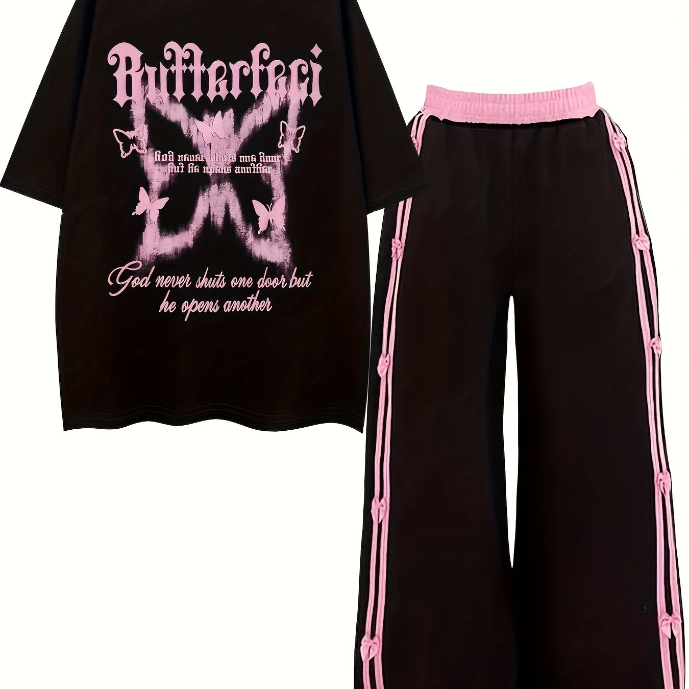 Image of Women's Casual Y2k Style Print Short Sleeve Crew Neck T-shirt And Wide-leg Pants Set With Contrast Waistband And Side Bow Accent For