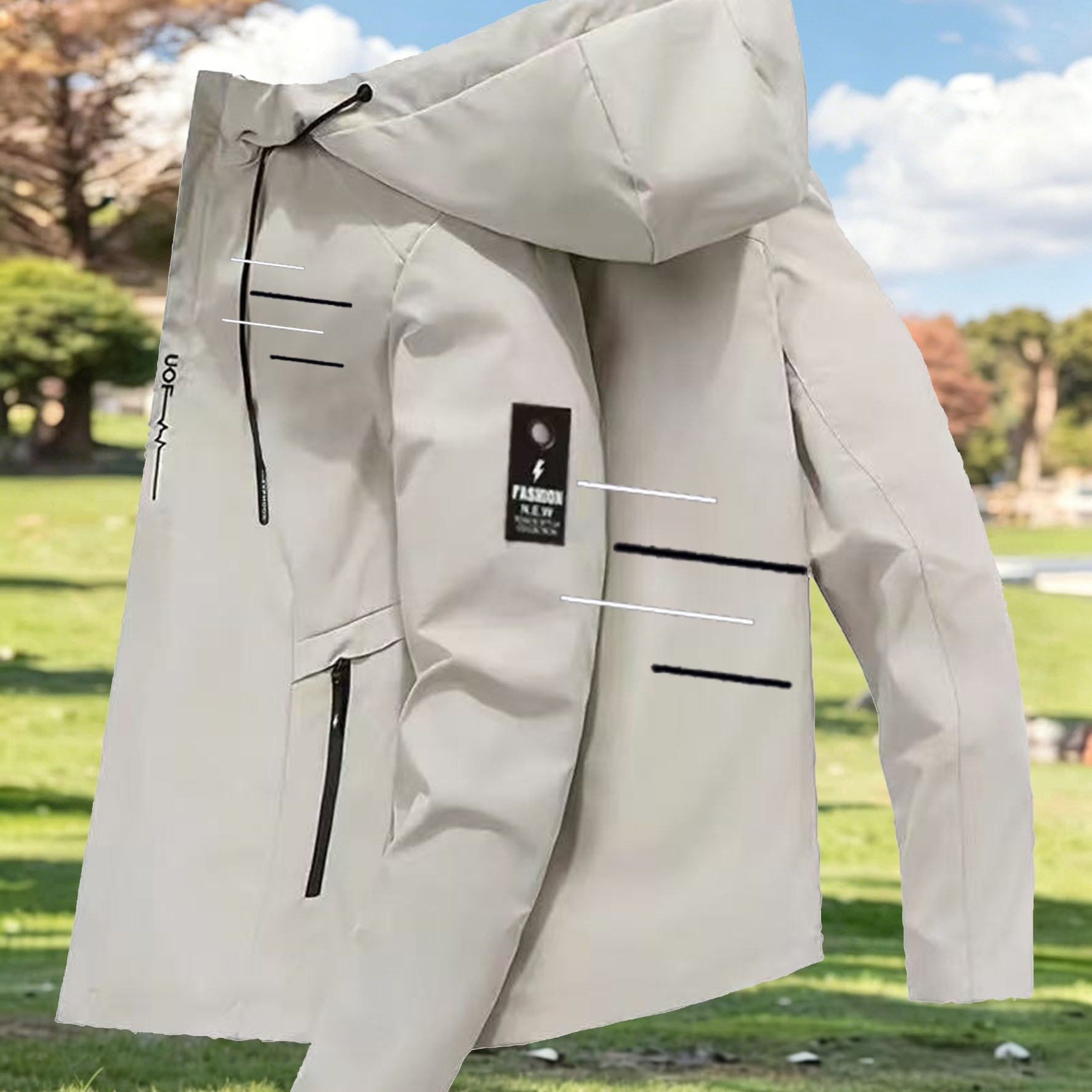 TEMU Men And Women's Windproof Durable Hard Shell Jacket - Professional Utility Zipper Front, Adjustable Drawstring Hood Design, Multi- Pockets -