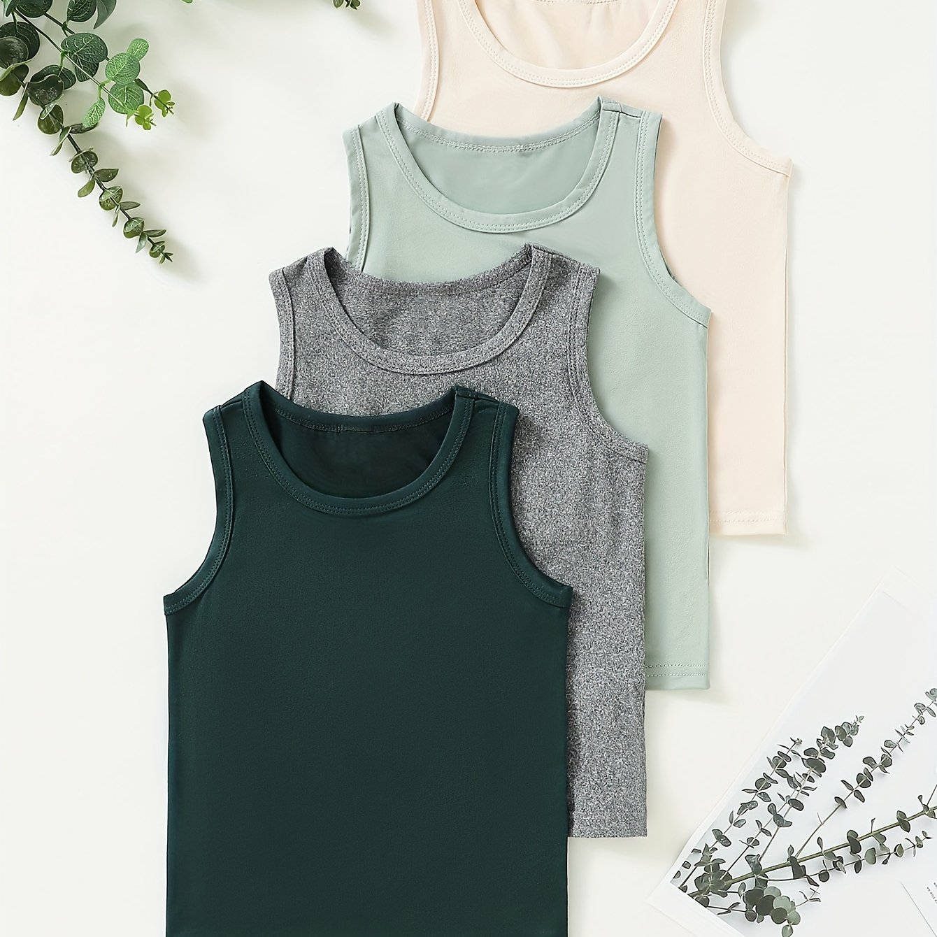 4pcs Set Of Boys' Solid Sleeveless Round Neck Vests For Summer All-match Beach Vacation Outdoor Style
