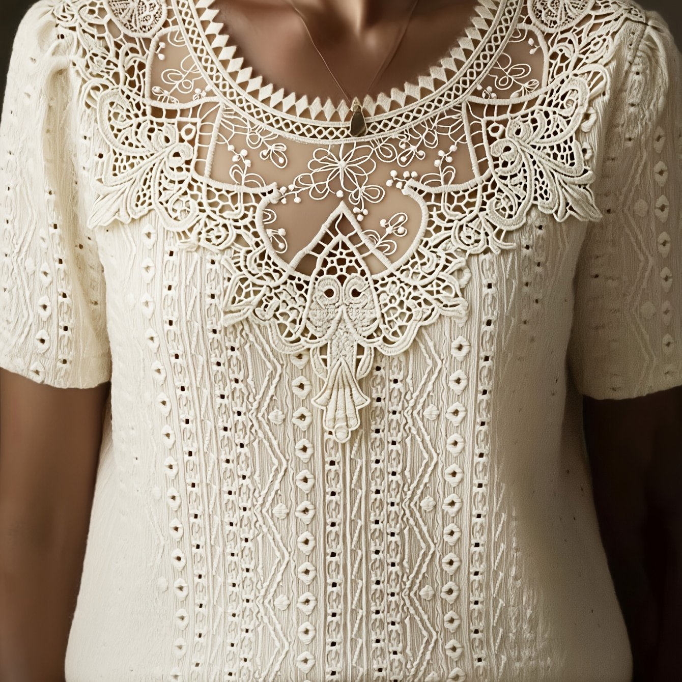 TEMU Women's Fashion Elegant Lace-trimmed Short Sleeve T-shirt Top