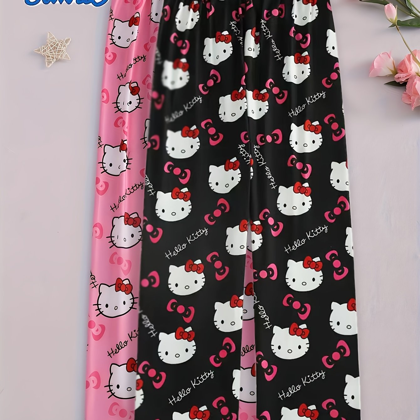 E-shop [Sanrio] 2 Hosen Hello Kitty Print Hosen, Elastischer Bund Lange Hosen, Süße Teenager Homewear, Polyester und Spandex, Maschinenwaschbar, Hello