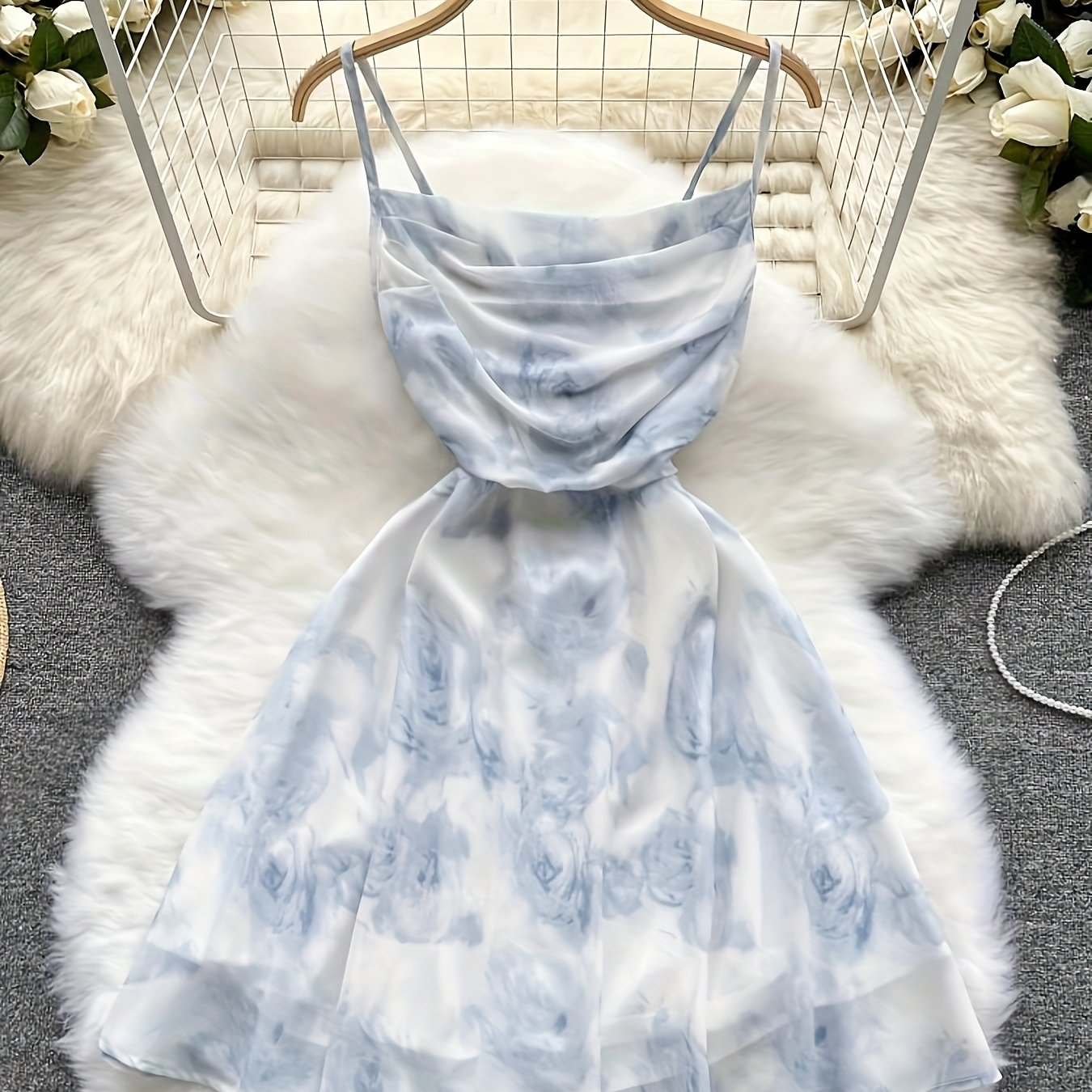 TEMU 【商品名】ファッション ト レディース 花柄 薄ストラップ ショートドレス、シャーリング セクシー ホローアウト バックレス 夏 バケーション ビーチ サマードレス