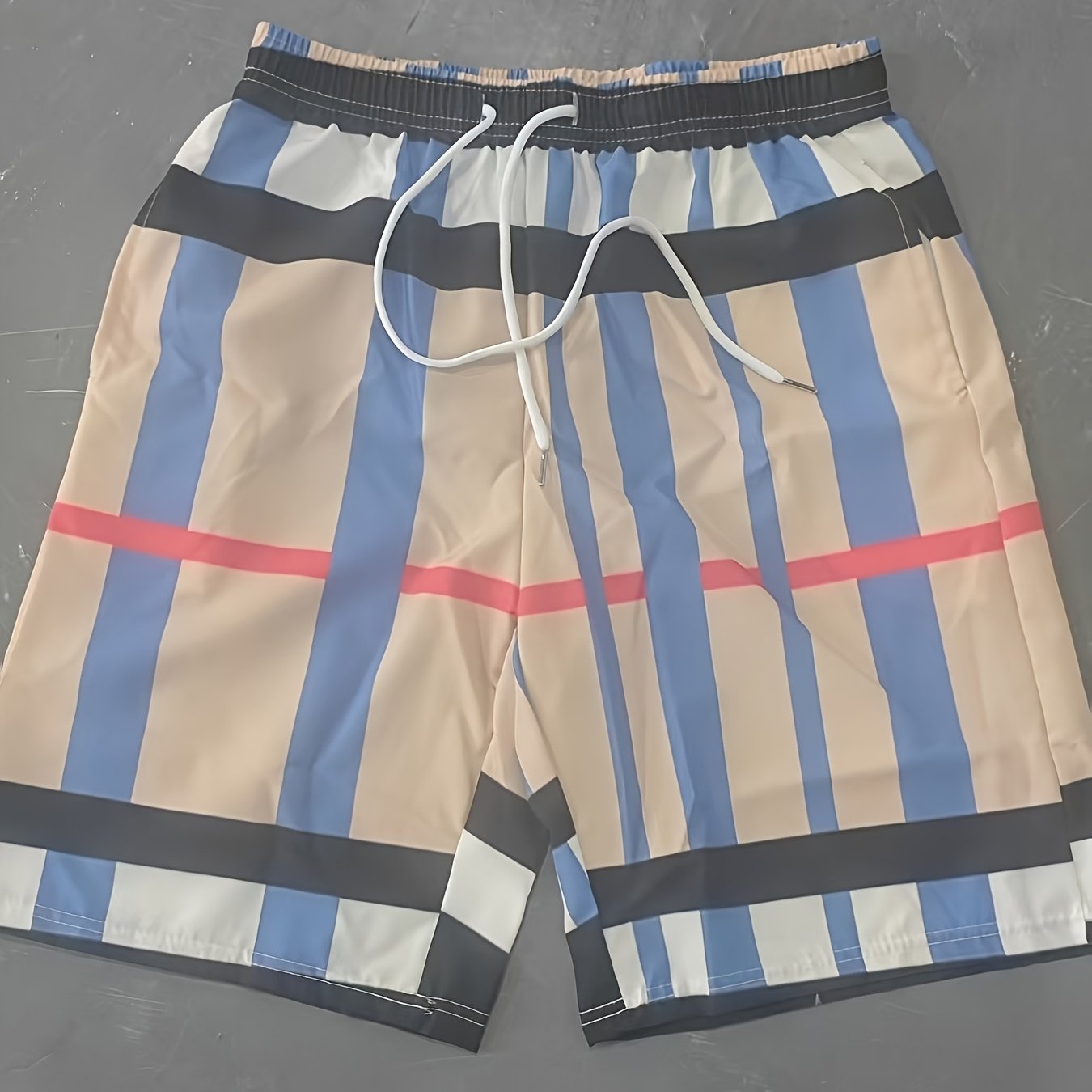 TEMU Pantaloncini da spiaggia da con stampa a quadri retr簷, base marrone chiaro, design a quadri contrastanti, coulisse in vita, vestibilit� , adatti