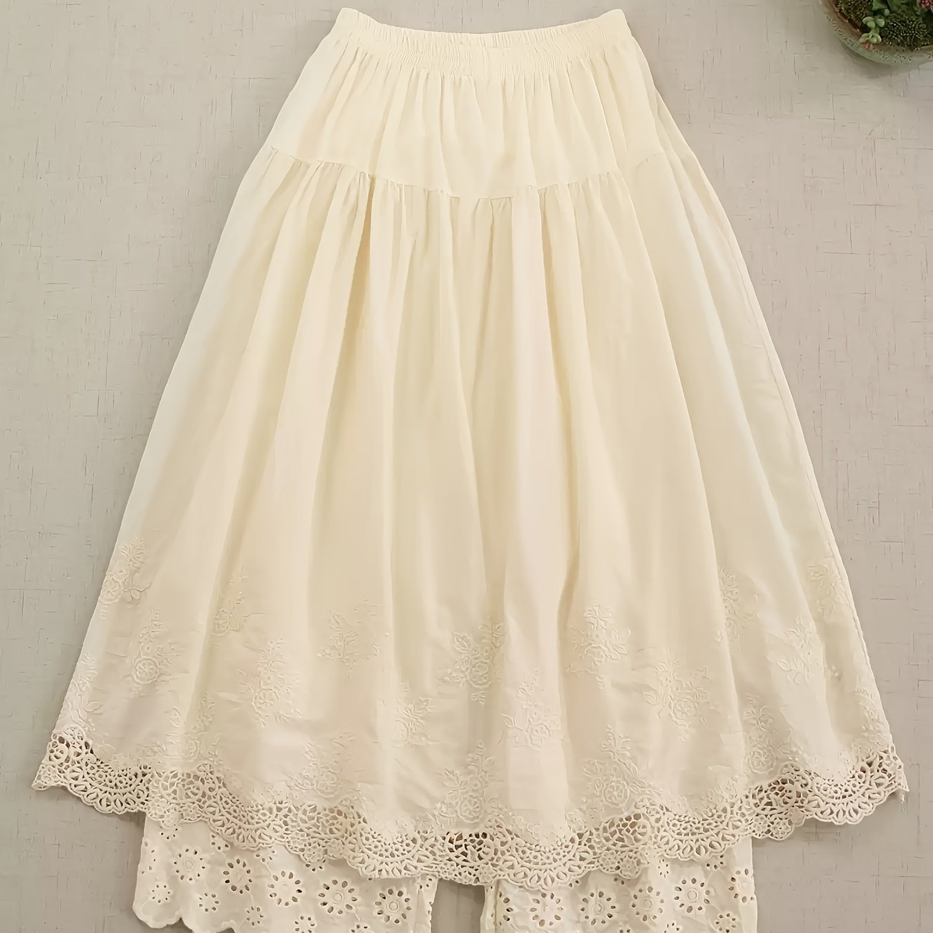 Image of Japanese Sweet Heavy Embroidery Stitching Solid Color Skirt Pants 2026 Spring And Summer -reducing Water-soluble Lace Loose And Versatile Mid-length Skirt