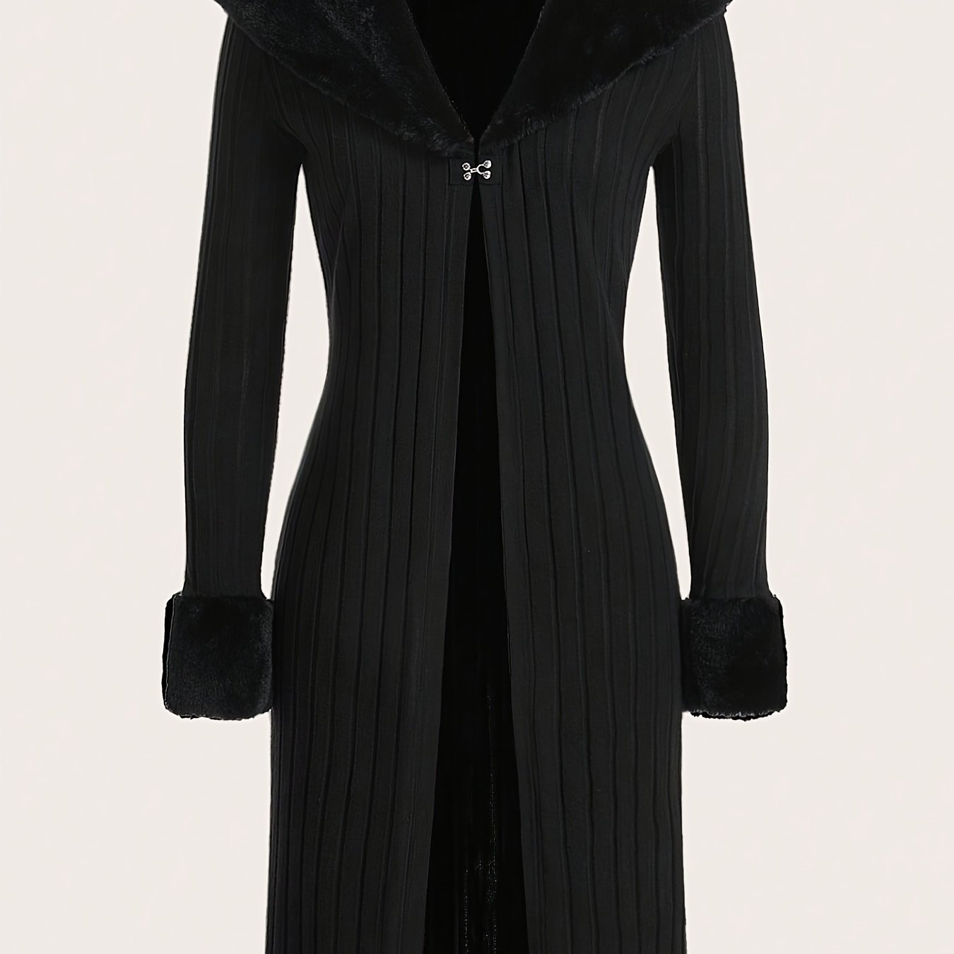 TEMU Fur Collar Ribbed Knit Cardigan, Elegant Long Sleeve Slim Fit Mid-length Cardigan For Fall & Winter, Women's Clothing