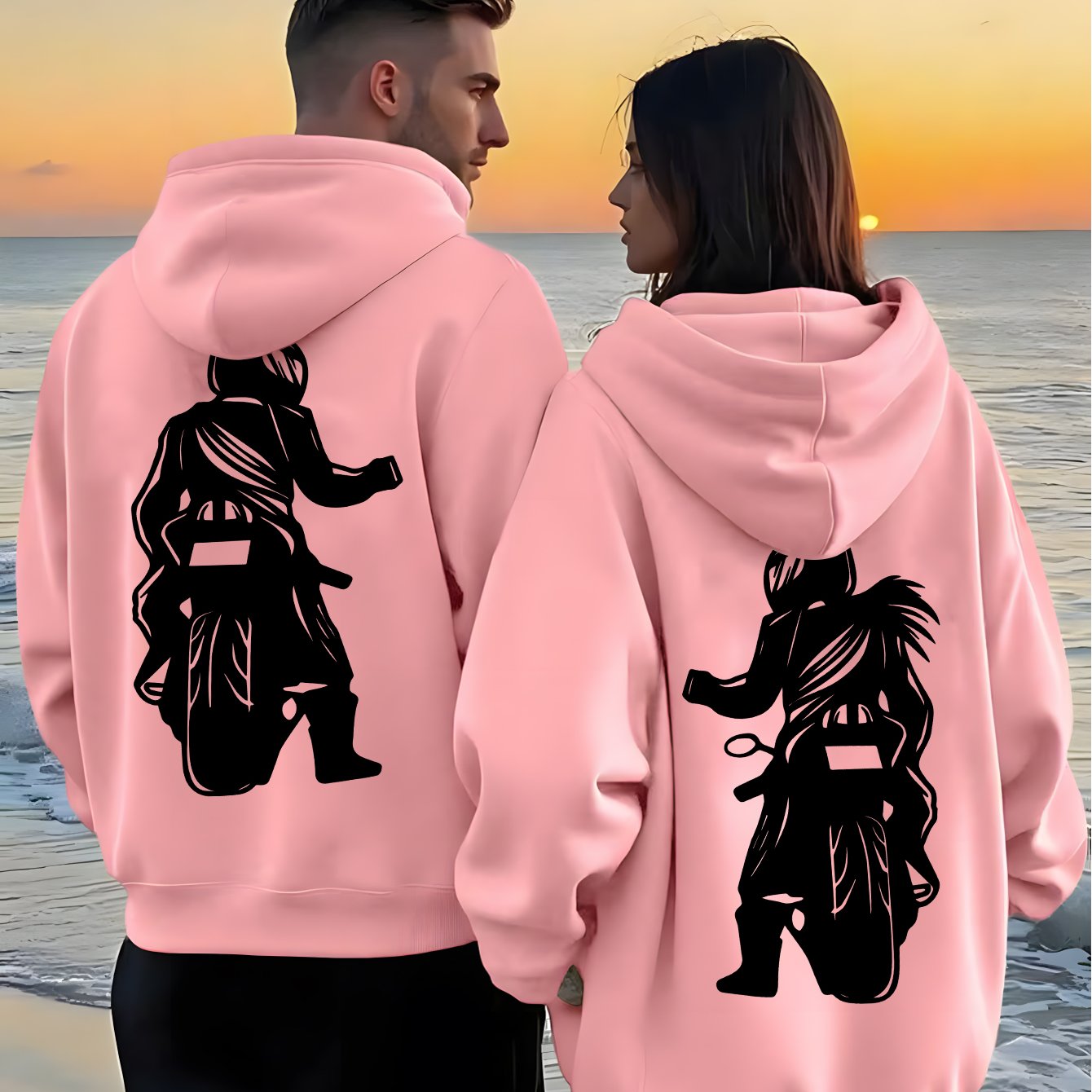 TEMU Romantic And Cozy Fall/winter Style! 1pc 'motorcycle Style Pattern Print Couple Hoodie, With Attitude, Perfect For Campus Strolls, Shopping
