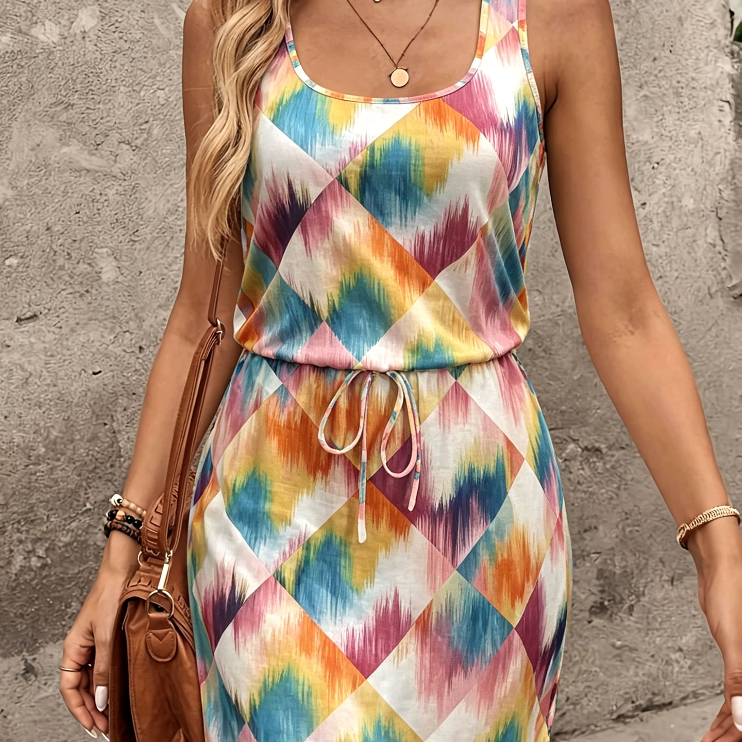 Image of 2026 Cross-border European And Tie-dye Color Block Print Drawstring Waist Large Round Neck Sleeveless Dress, Waist Hip-hugging Seaside Vacation Casual Dress