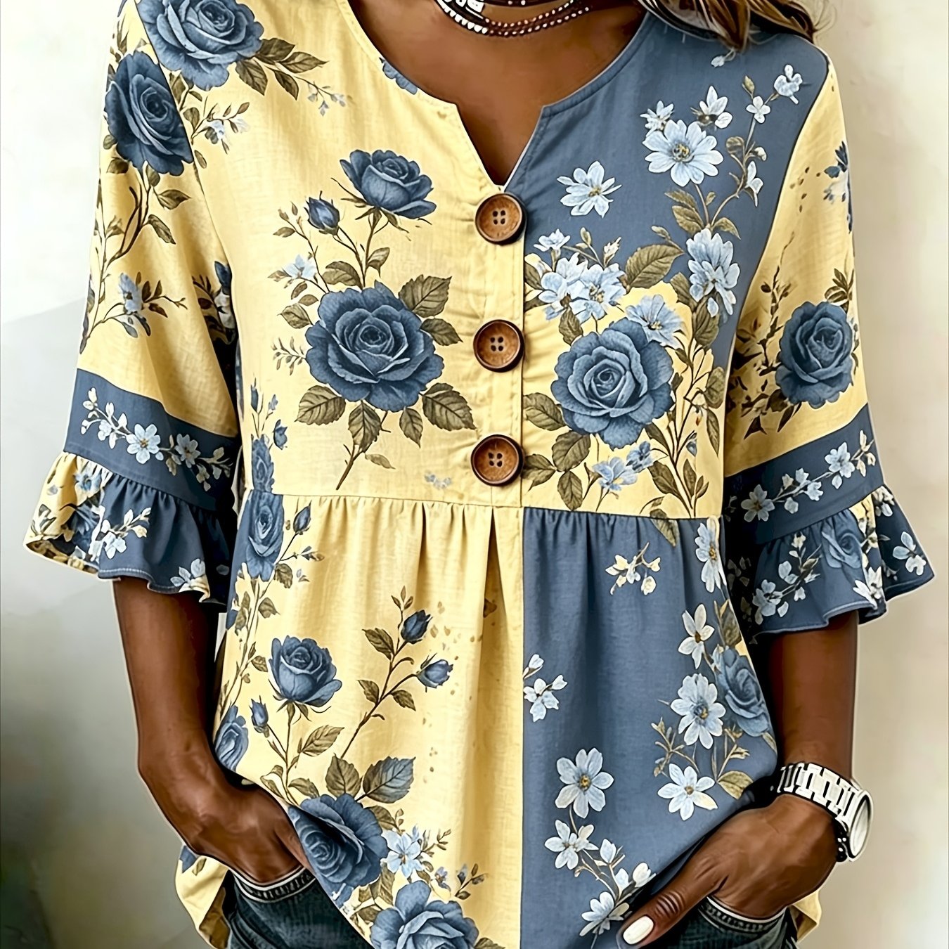 Image of Plus Size - New Arrival Women'-button Sleeve Top, Color Block Splicing Atmosphere Fashion Versatile With Unique Sense, Machine Washable Yellow Base Color Sunflower Splicing Print