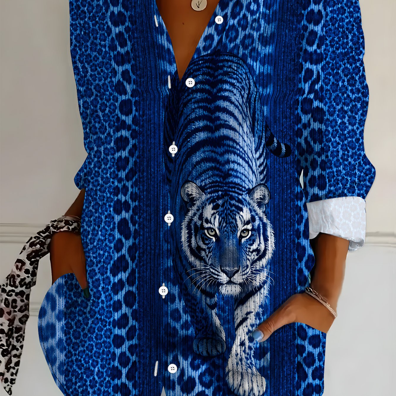 TEMU Plus Size, Plus Size Women's Long Sleeve Shirt, Tiger Print Loose Fit Shirt, Leopard Print Element Midi Length Women's Long Sleeve Lapel Shirt,