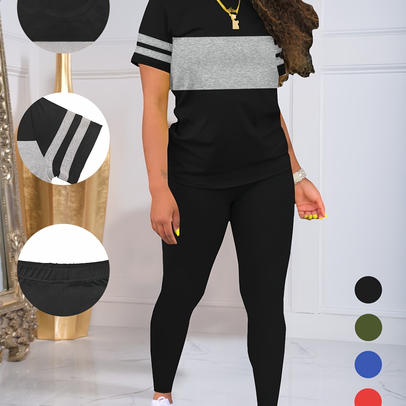 E-shop Frühlings/Sommer Damen Rundhals Kurzarm-Oberteil und Hosen Set in Einfarbigem -Stretch
