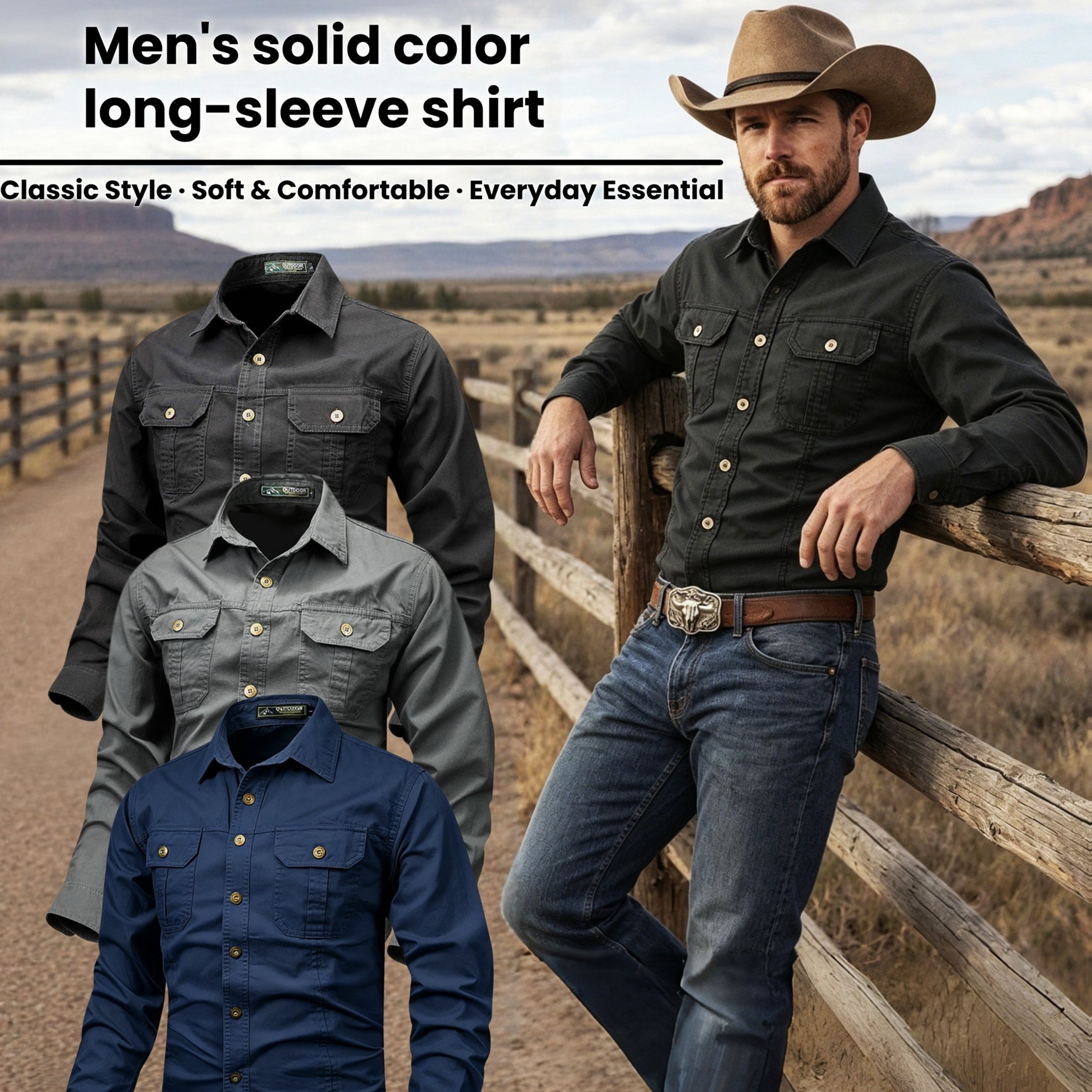 TEMU Men's 3pcs Set Of Solid Color Long-sleeve Work Shirts, Double-pocket Practical Western Style Shirts, Suitable For Outdoor, Construction Site,