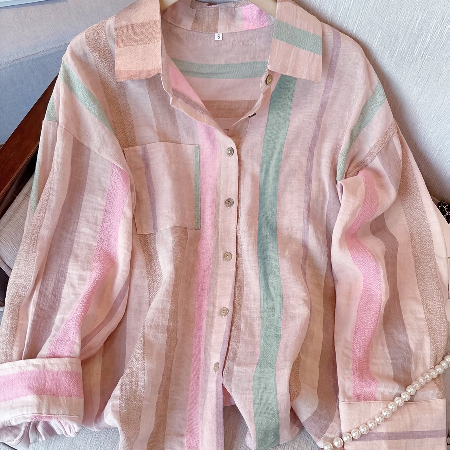 Image of Women's Dopamine Pink Striped Collar Long Sleeve Shirt, Spring/autumn Fashionable Chic Single-button Blouse Jacket And Niannian