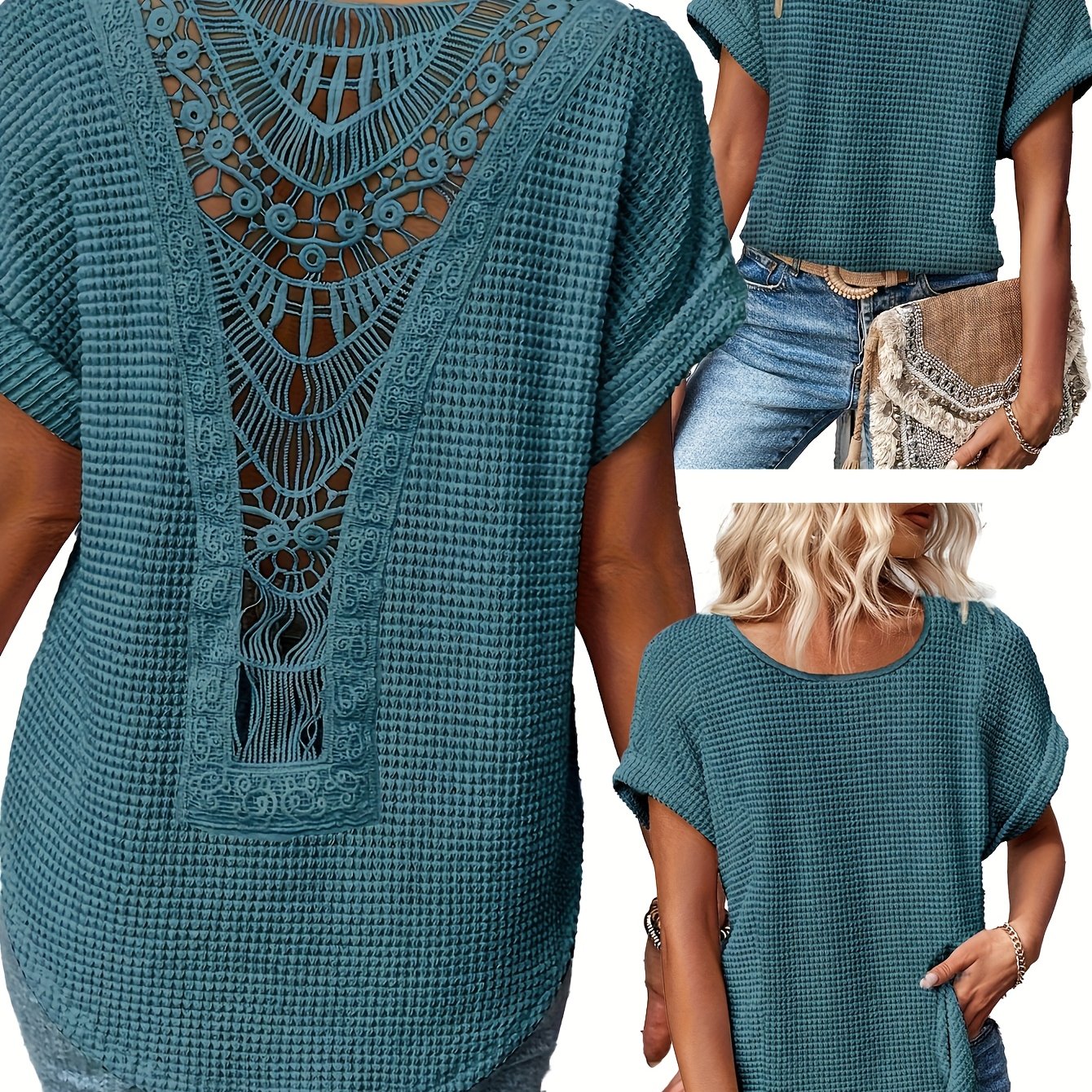 E-shop Damen Sommer Spitzen-Patchwork Rundhals Kurzarm Casual T-Shirt
