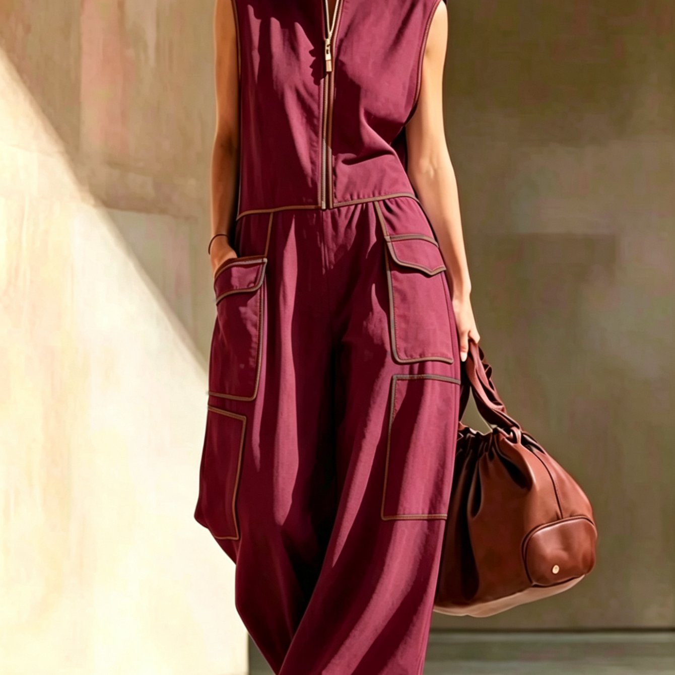 Image of Casual Loose Contrasting Tooling Cardigan Zipper Collar Top And Loose Wide-leg Pants 2pcs Set