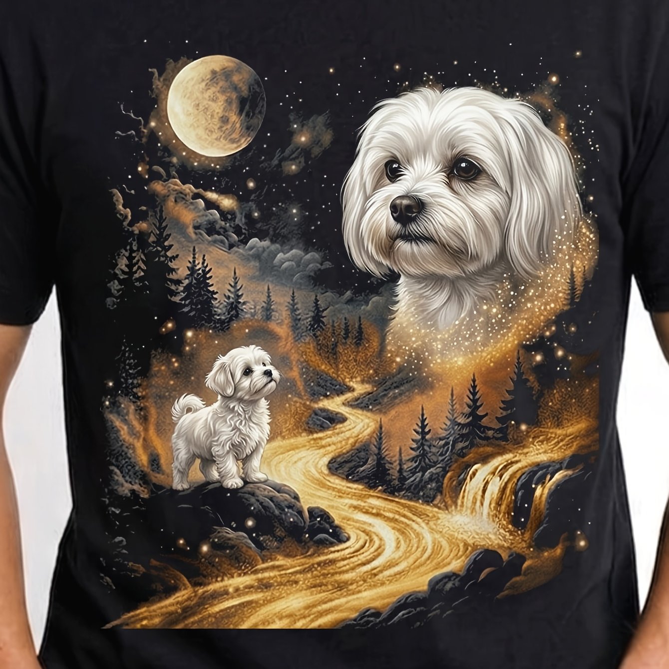 Maltese For At The Moon Retro 90s Style Cute Puppy Graphic Tee Modern Art Casual Vibe Fitness Workout Crossfit Motivation Outfit Gift For Athletes 180g Crew Neck Men's Tee