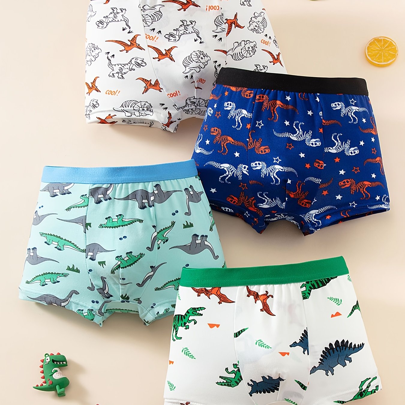 Image of 4pcs Boys' Underwear Spring/autumn Medium Large Size Dinosaur Print Lightweight Breathable Casual Four-corner Soft Comfortable Brother Set 4-12 Years Full, Summer Thin Kids Boxer Shorts, For Outdoor