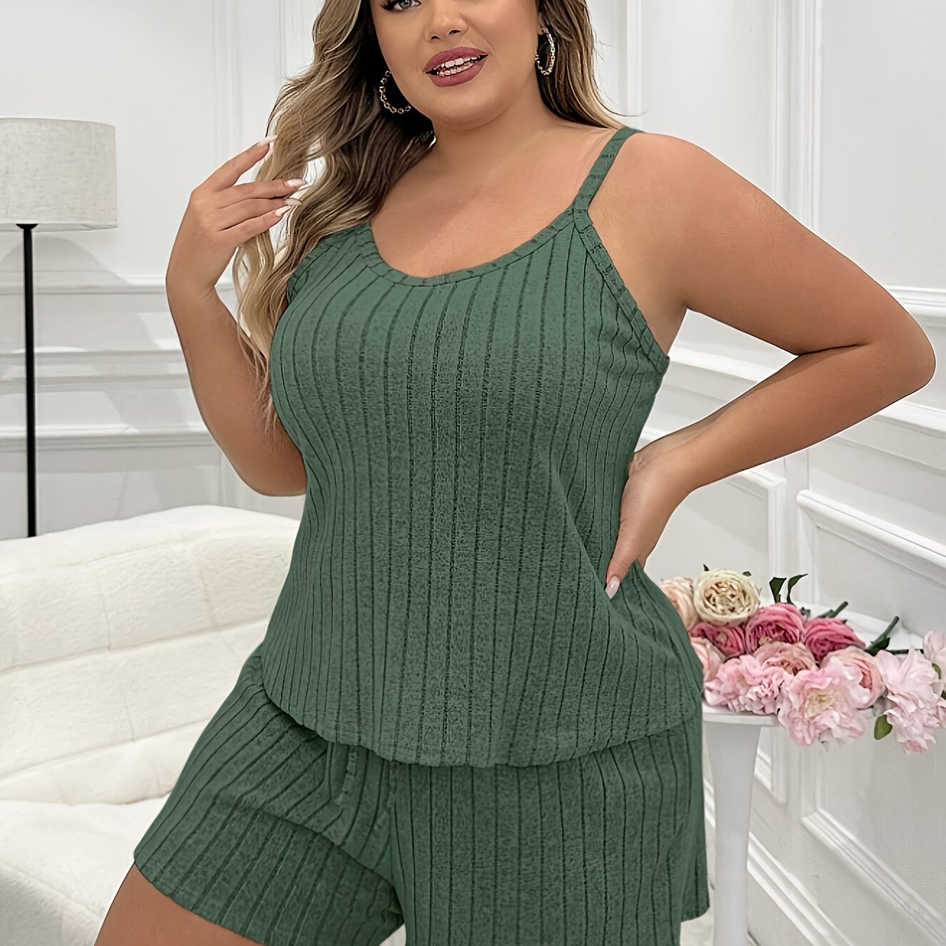Image of Plus Size, 2025 New European And High-waisted Ribbed Vest Women's Set, Comfortable And Casual