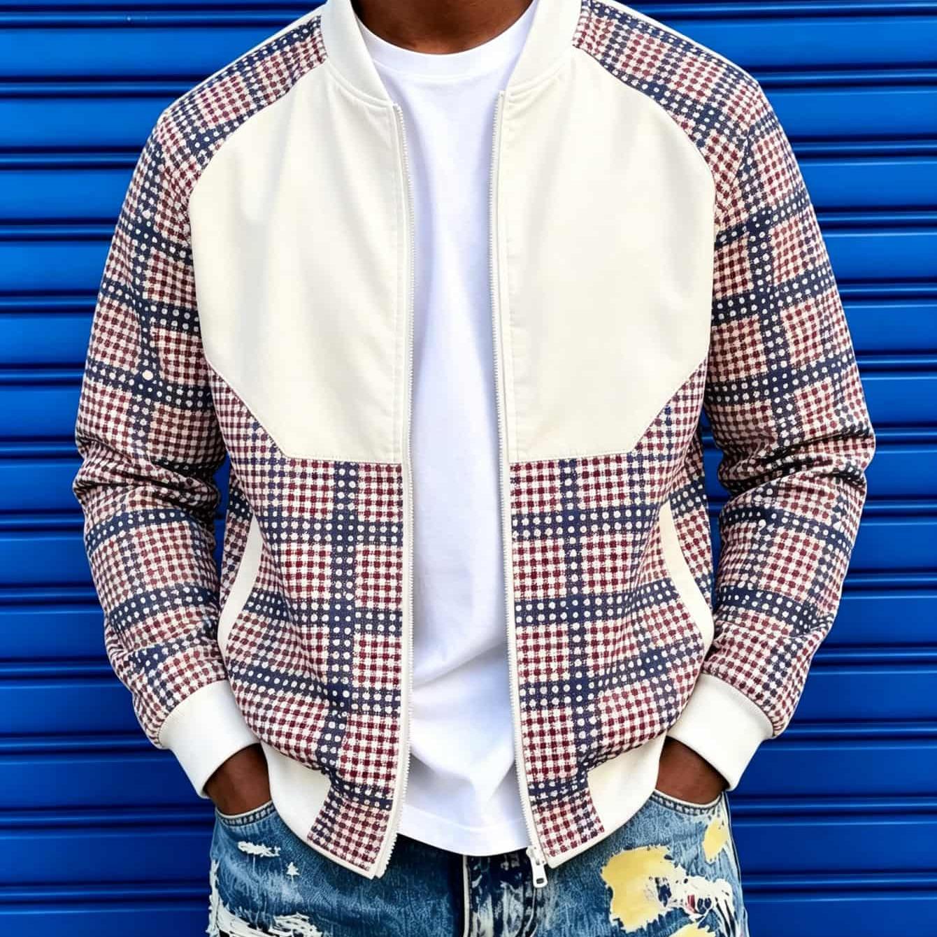 Image of 2d Flat Print Men's Fashion Jackets, Men's Casual Coats Long Sleeve Outerwear Plaid Color Blocking Daily Retro Street Style Polka Dot Plaid Slim Fit Men's Autumn Clothing Suitable For Daily Camp