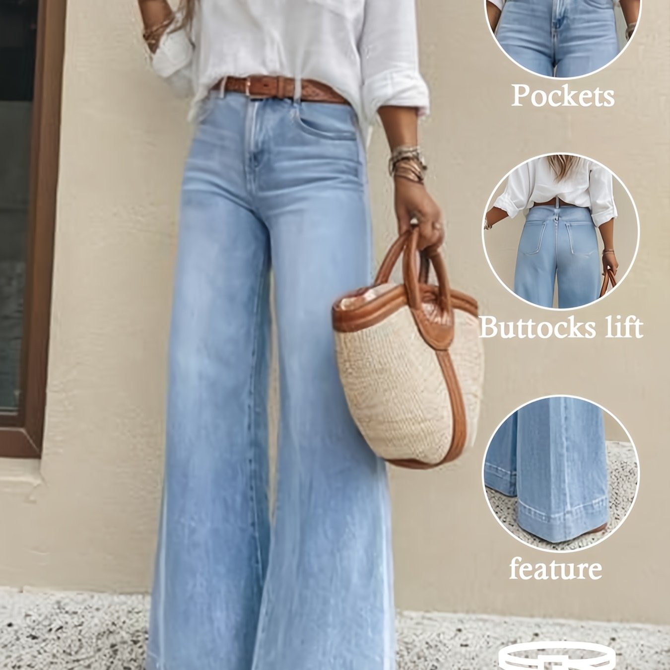 Image of Women's Stretch Denim Jeans With Wide Hem Cuffs, Light Blue Washed Denim Pants, New Arrival, Styles: Office And Casual, Fashionable And Versatile