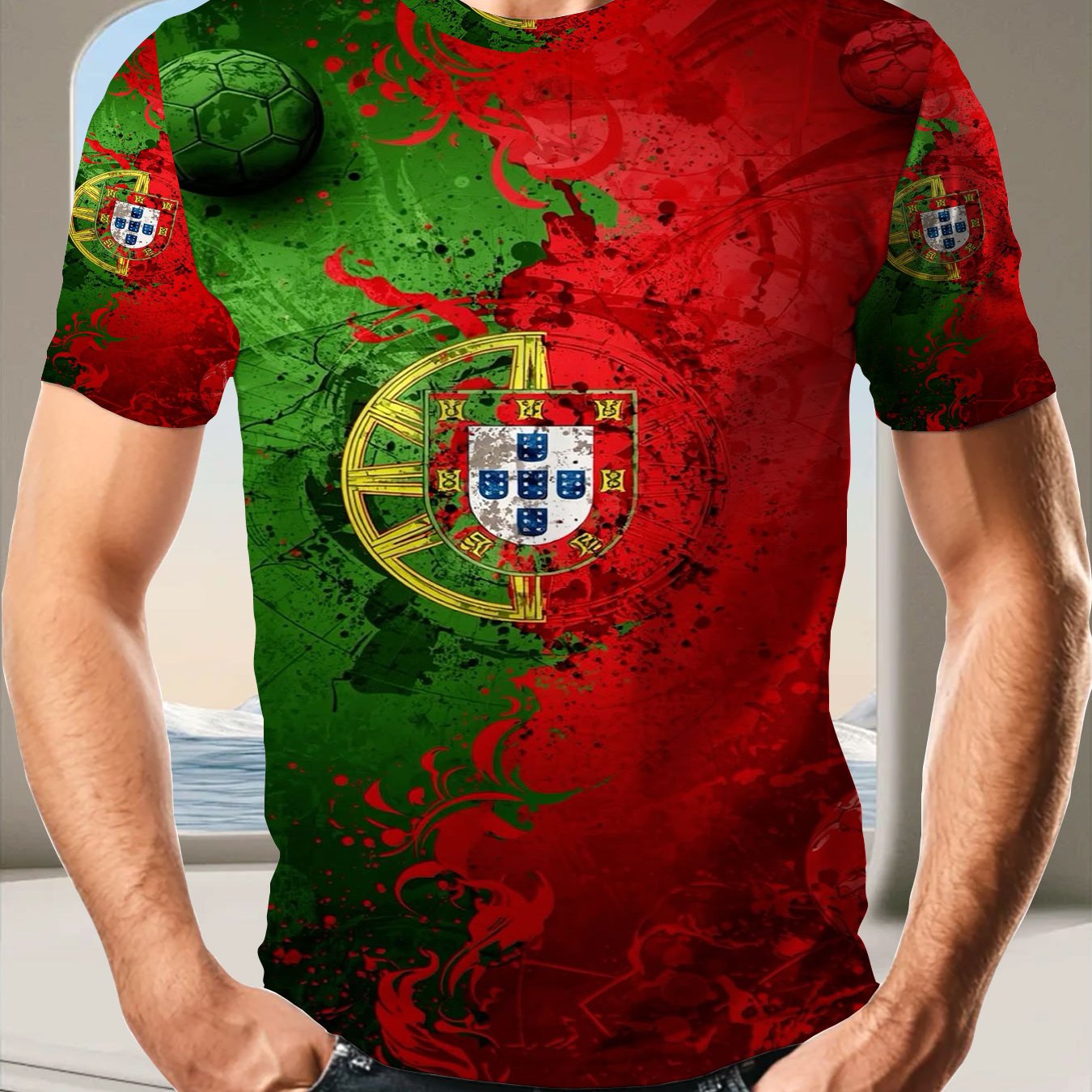 TEMU Men's Polyester Short Sleeve T-shirt, Portugal Flag Grunge , Soccer Themed Casual Top, Breathable Lightweight Tee For Daily Wear, Sports Fans,