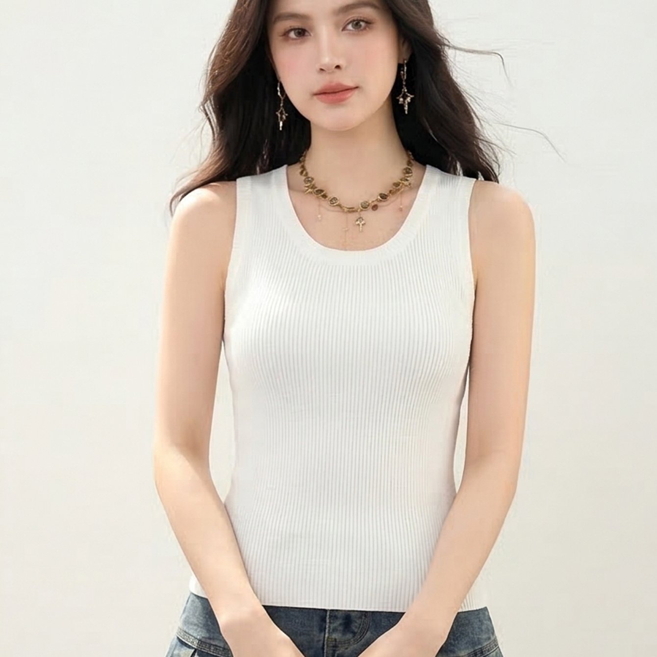 TEMU 여성용 도파민 스타일 라운드넥 조끼, 여름 아우터웨어, 슬림핏 크롭 민소매 단색 탱크탑