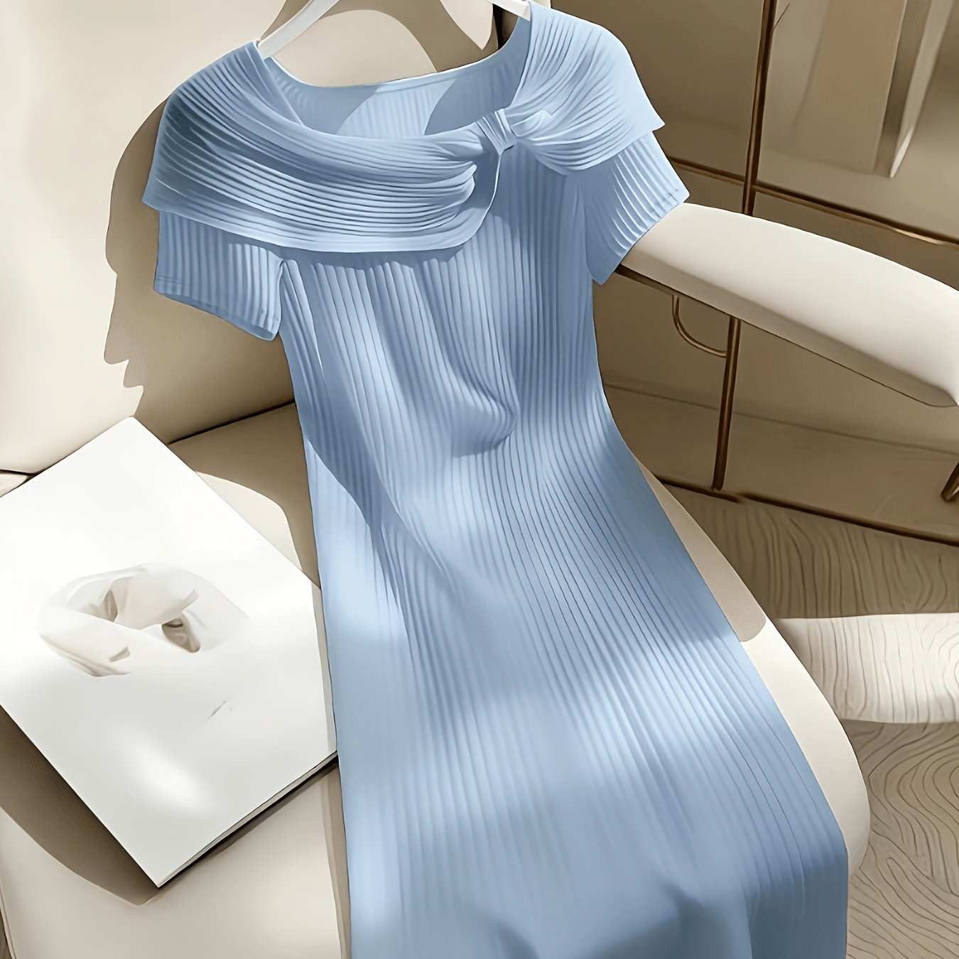 TEMU Women's Elegant Petal Lapel Ribbed Short Sleeve Midi Dress, Slim Dress