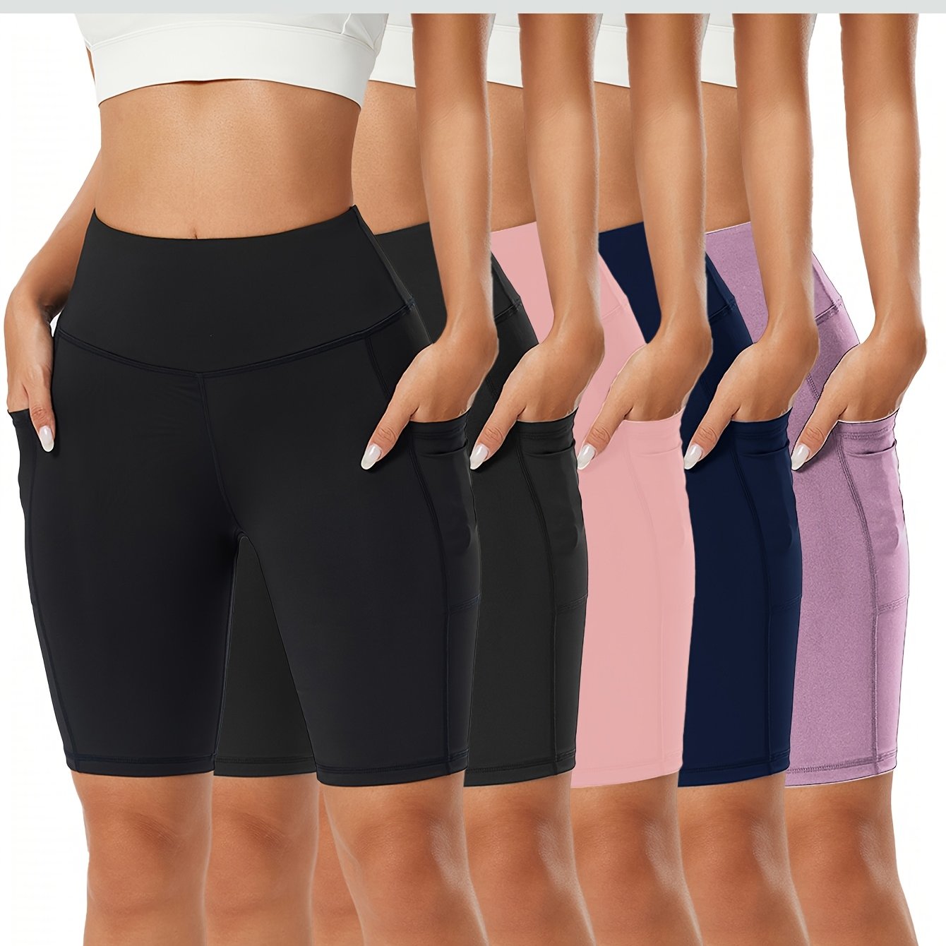 Image of Women's High-waist Elastic Yoga Shorts 5pcs Set - Hip Lifting, Perspiration-wicking, Breathable For Running And Fitness