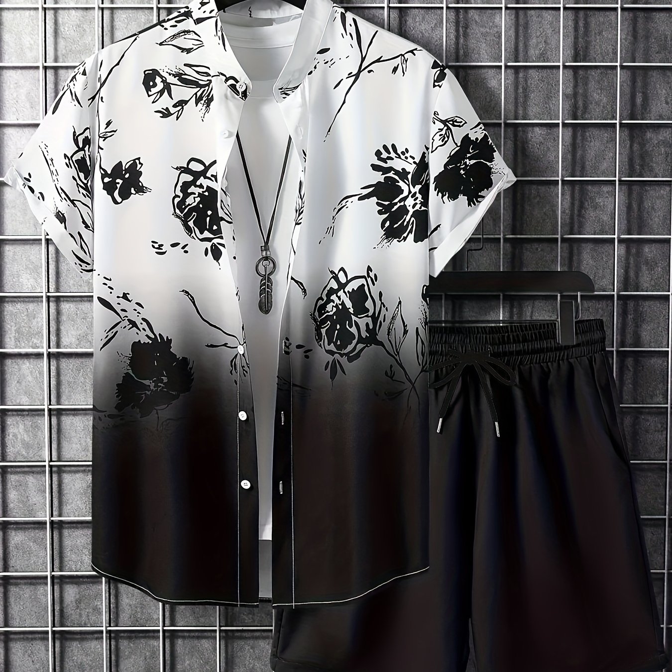 Image of Men's Casual Floral Block Short Sleeve Shirt + Drawstring Sports Shorts Two-piece Set For Outdoor Beach Leisure