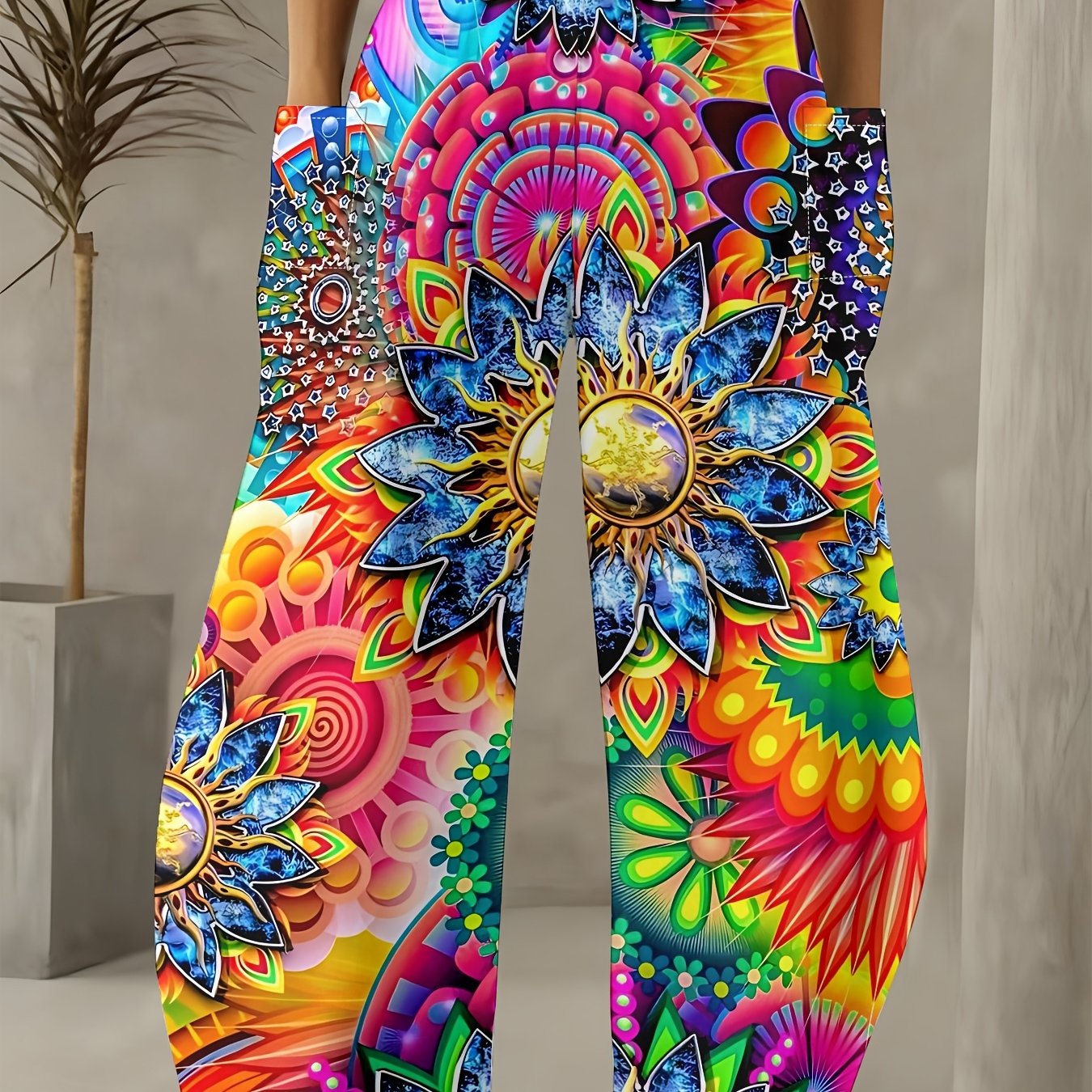 E-shop Trendige, lebendige Damen-Weste mit weitem Bein, psychedelische Neonfarbe, Mandala-Blumendruck, lässige, lockere Hose