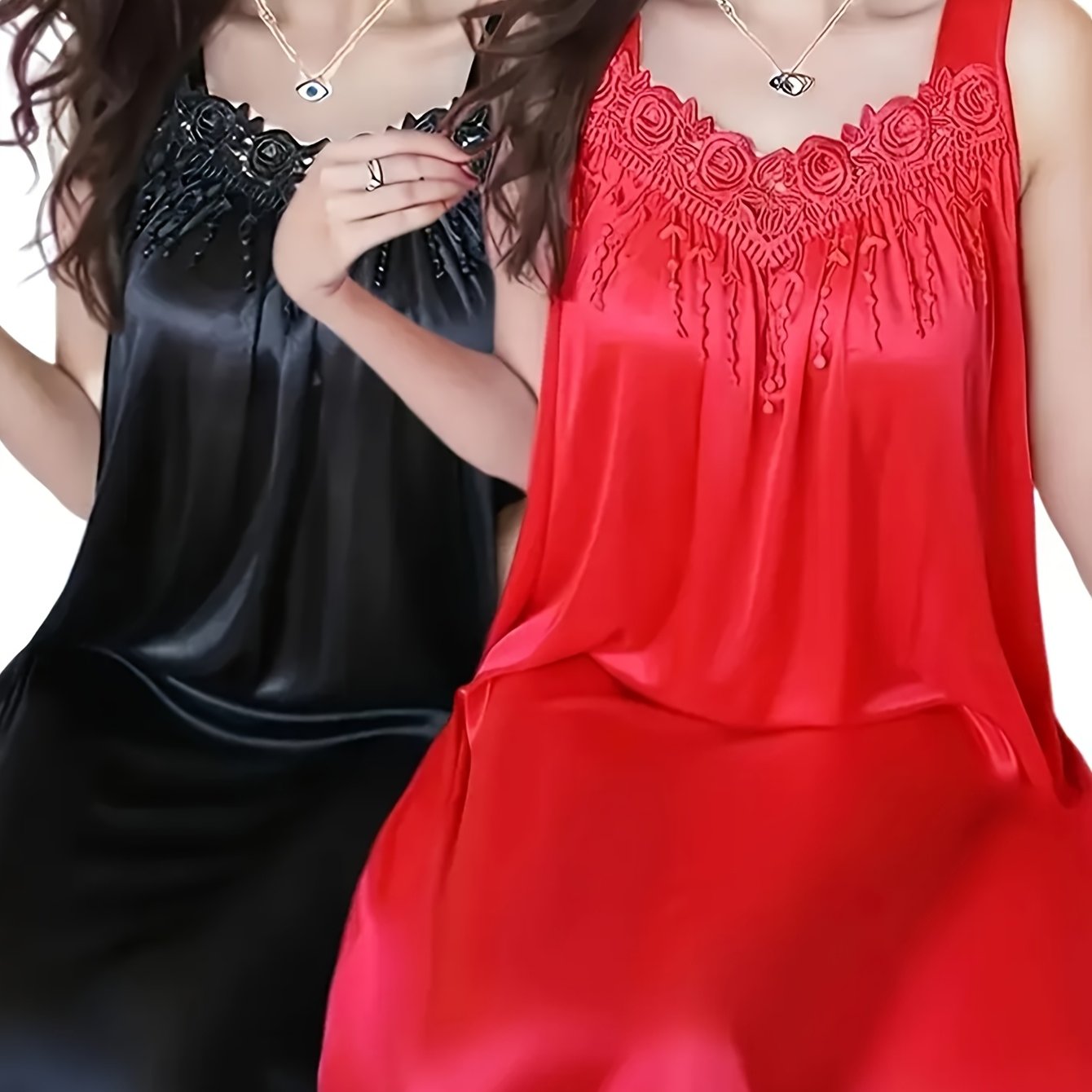Image of Set Of 2 Women's Elegant Lace-trimmed Nightgowns - V-neck, Comfortable And Soft Loose Fit, Semi-transparent Nightdress, Machine Washable - For Spring/summer/autumn