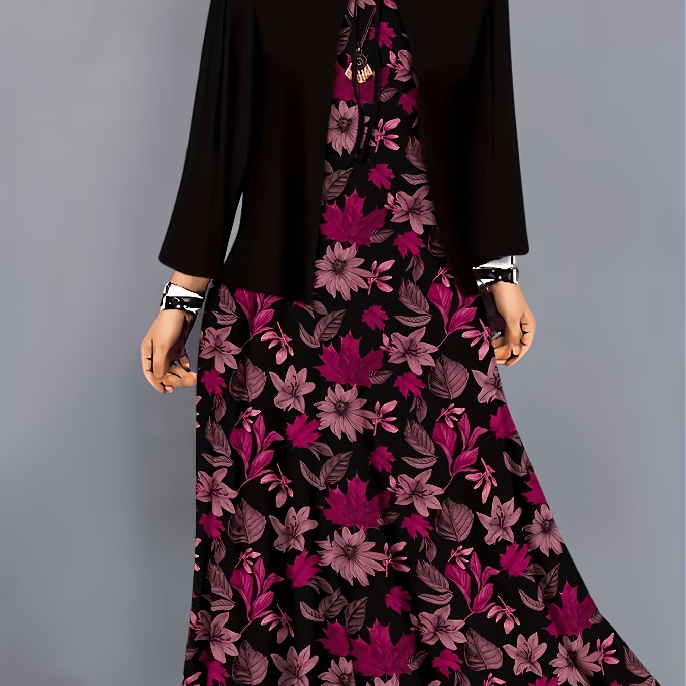 TEMU Plus Size Women' Color -sleeve Short Tie-front Cardigan Coat And Floral Print Mid-length Dress Two-piece Set, Daily Elegant Casual Dress Suit