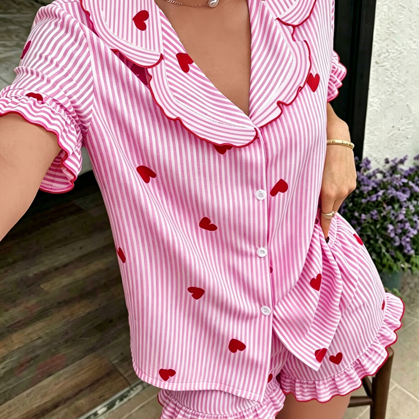 TEMU Crepe Fabric Pajama Set, Red Heart Stripe Pattern Print Short Sleeve And Shorts, Women's Comfortable Loungewear Pajamas