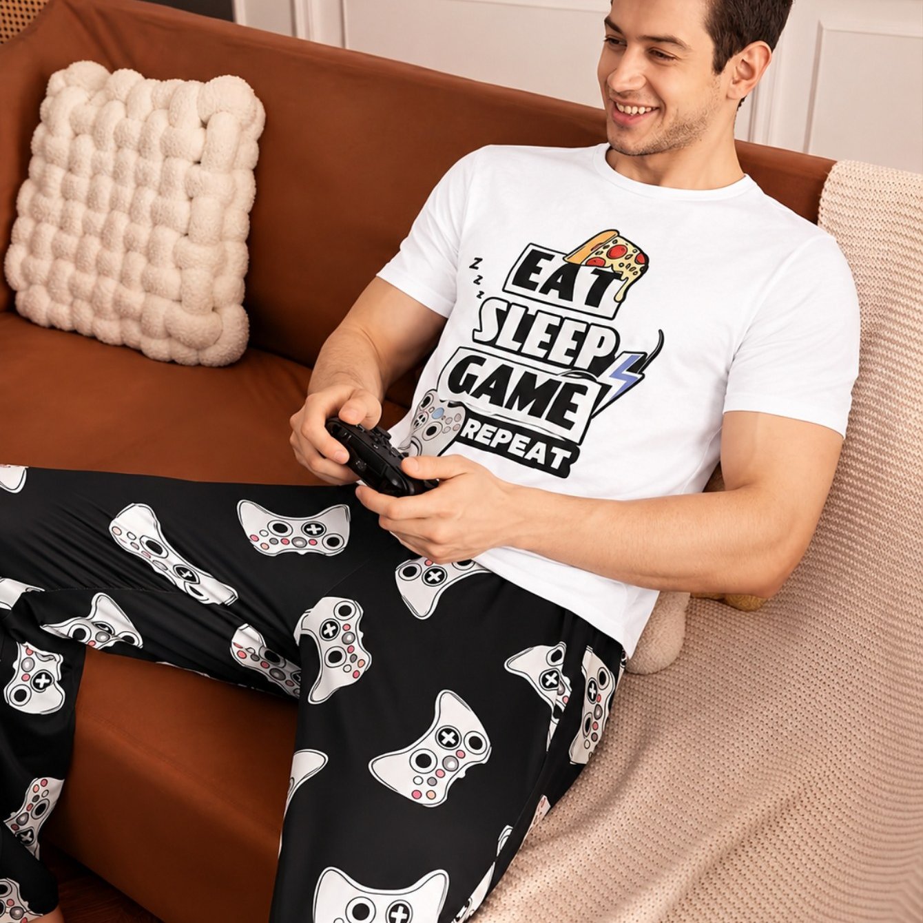 TEMU 1pc Men's Casual Family T-shirt - Men's Summer Printed Thin Short-sleeve Crew Neck T-shirt For Wear, Men's Essential Pajamas