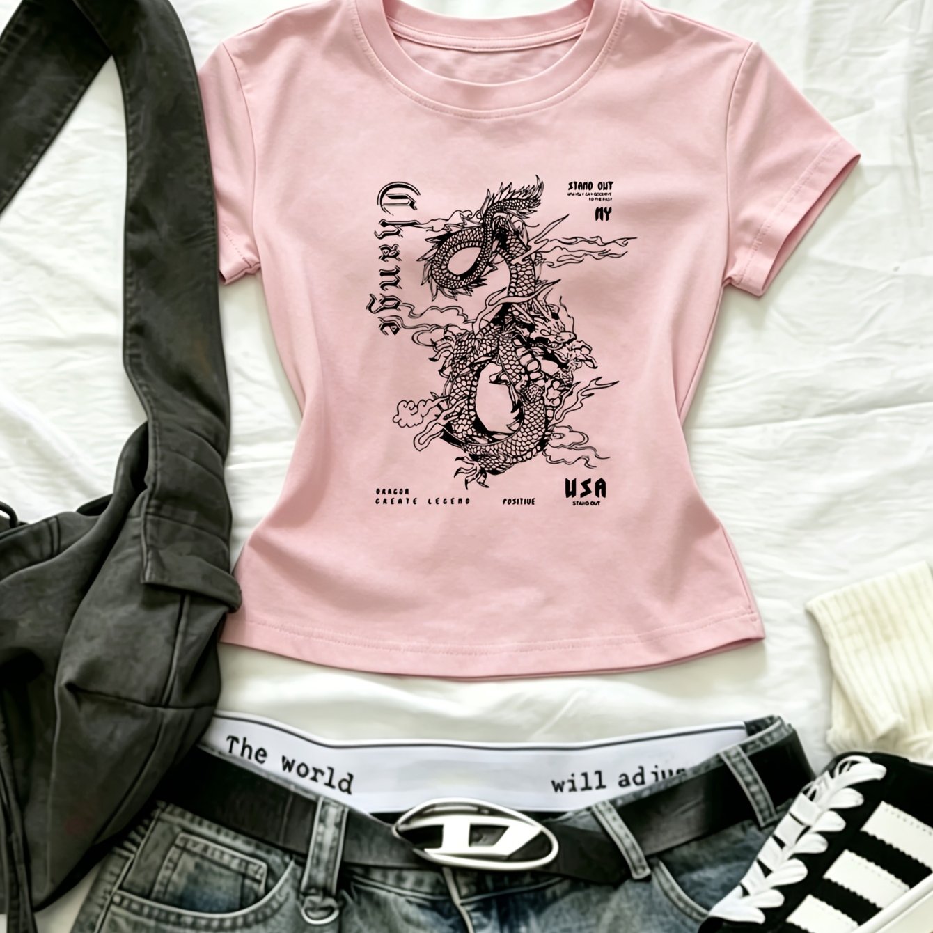 TEMU Dark Short Top, Body , Featuring Change Usa Ny English Print Pattern, Women's Short T-shirt, Street Trendy Shop Market Exploration Casual Outing