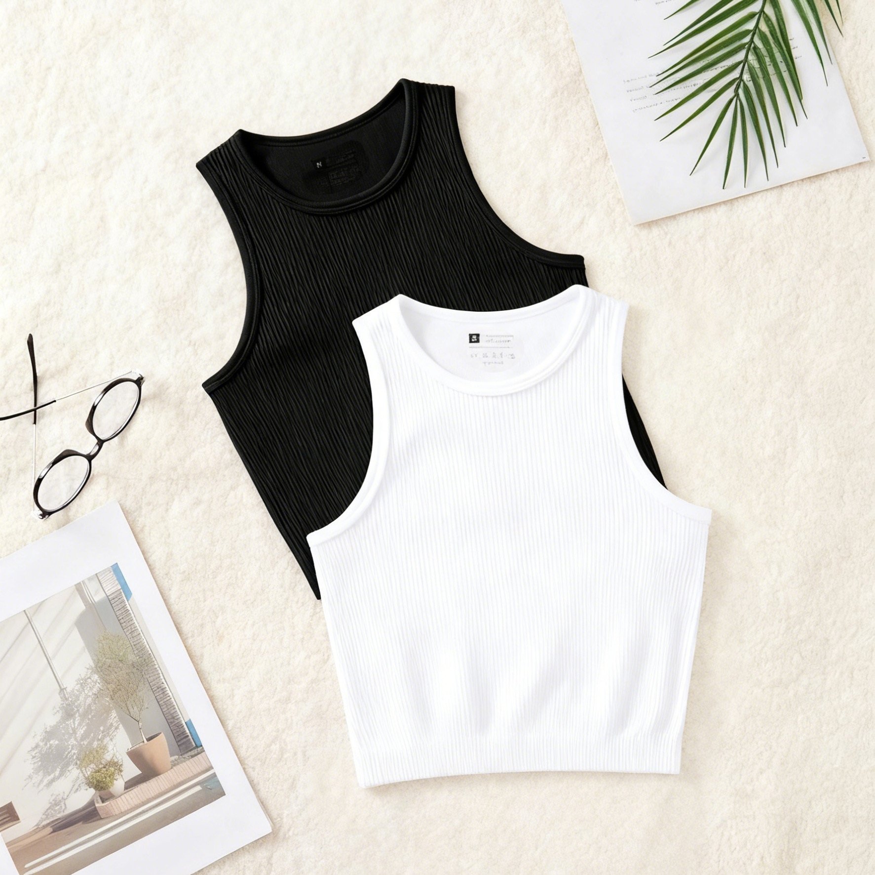 E-shop 2 Stück Damen Nahtlose Ärmellose Sport-Tanktops – Einfarbige Hochelastische Gym-Shirts, Schnelltrocknende Rundhals-Ärmellose Blusen für Yoga,