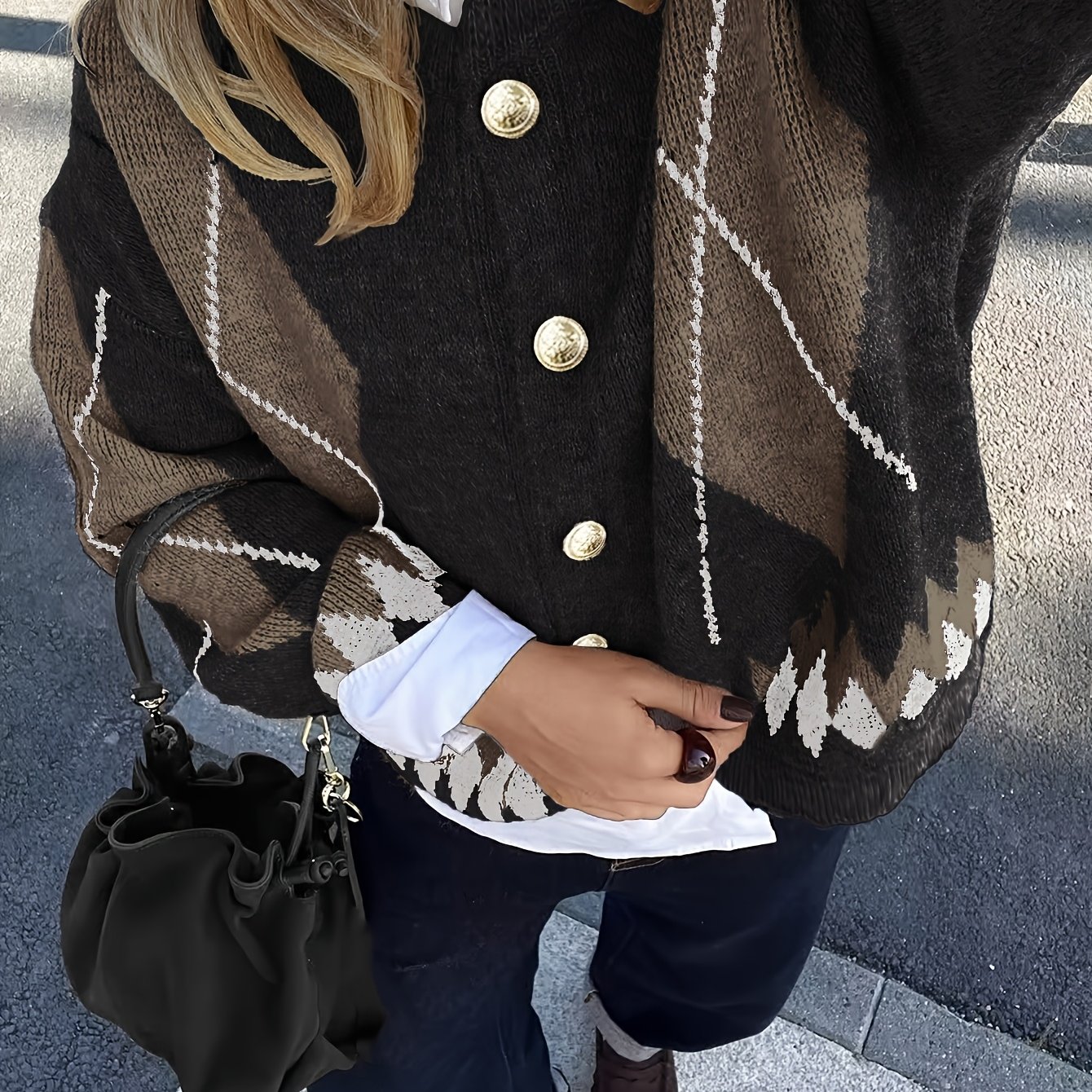 TEMU Herbst/Winter Damen-Cardigan mit geometrischem Muster, lockere Knopfleiste-Oberbekleidung für den täglichen Arbeitsweg, Streetwear und