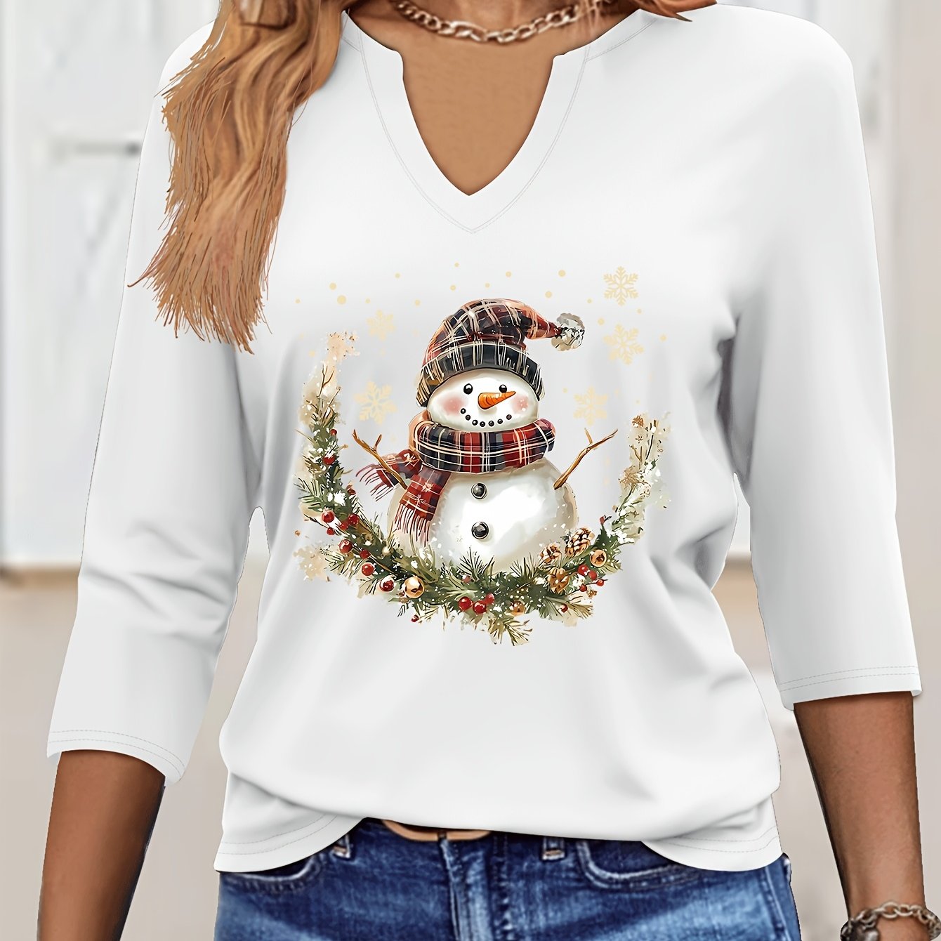 TEMU Christmas Graphic Print T-shirt, V-neck Three-quarter Sleeve T-shirt, Elegant Solid Color Top For Spring And Summer, Women's Wear