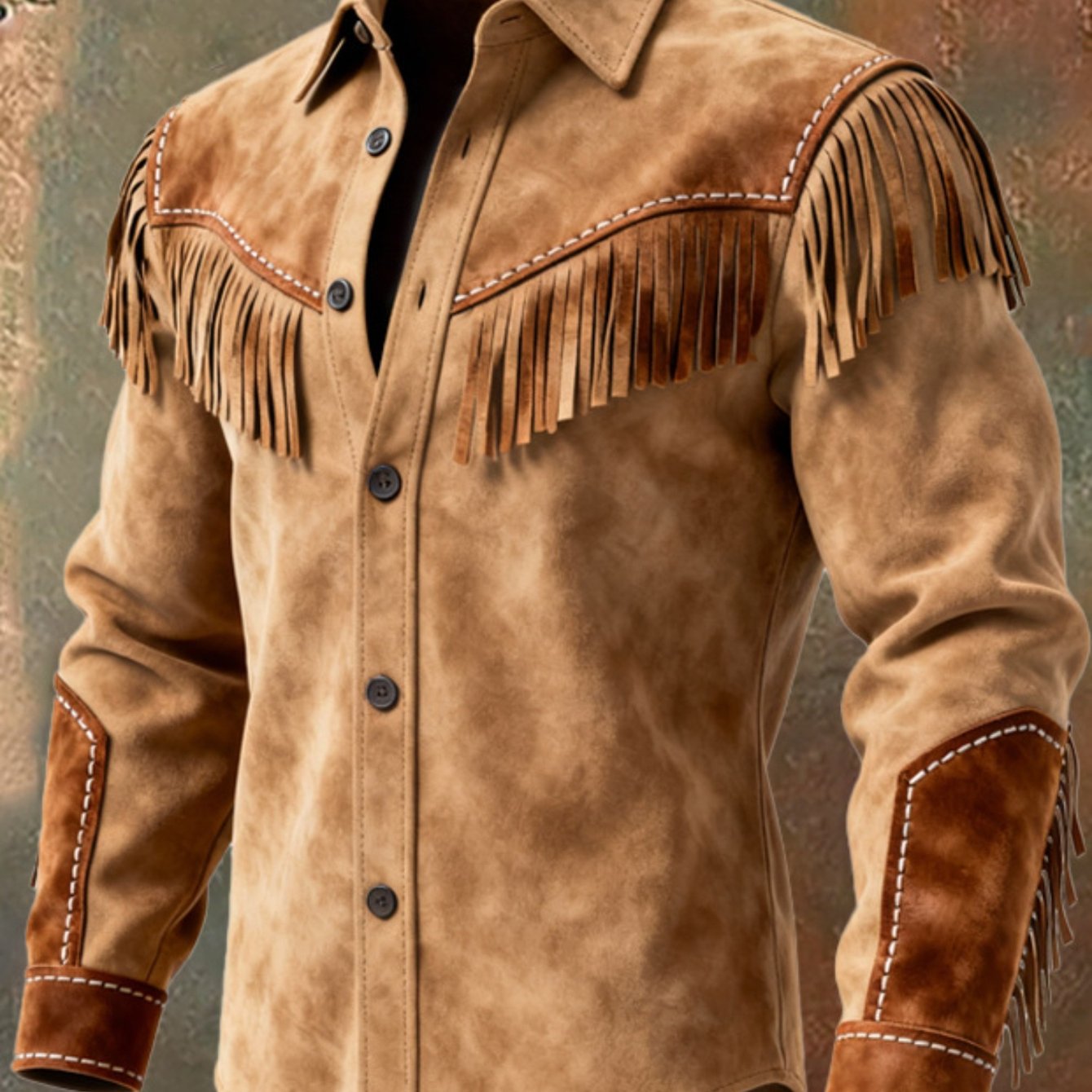 TEMU Men's Shirt Jacket With Contrasting Stitching And Tassel Detailing. American Western-inspired Collar Fastening Style. Versatile Autumn/winter