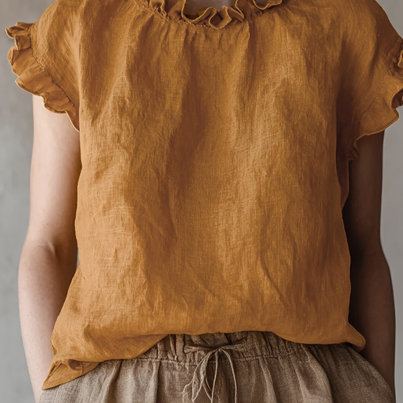 TEMU Women's Short-sleeve Blouse With Round Neck - Loose Fit Summer Shirt, Solid Color Elegant Casual Top For Spring/summer, Versatile For French