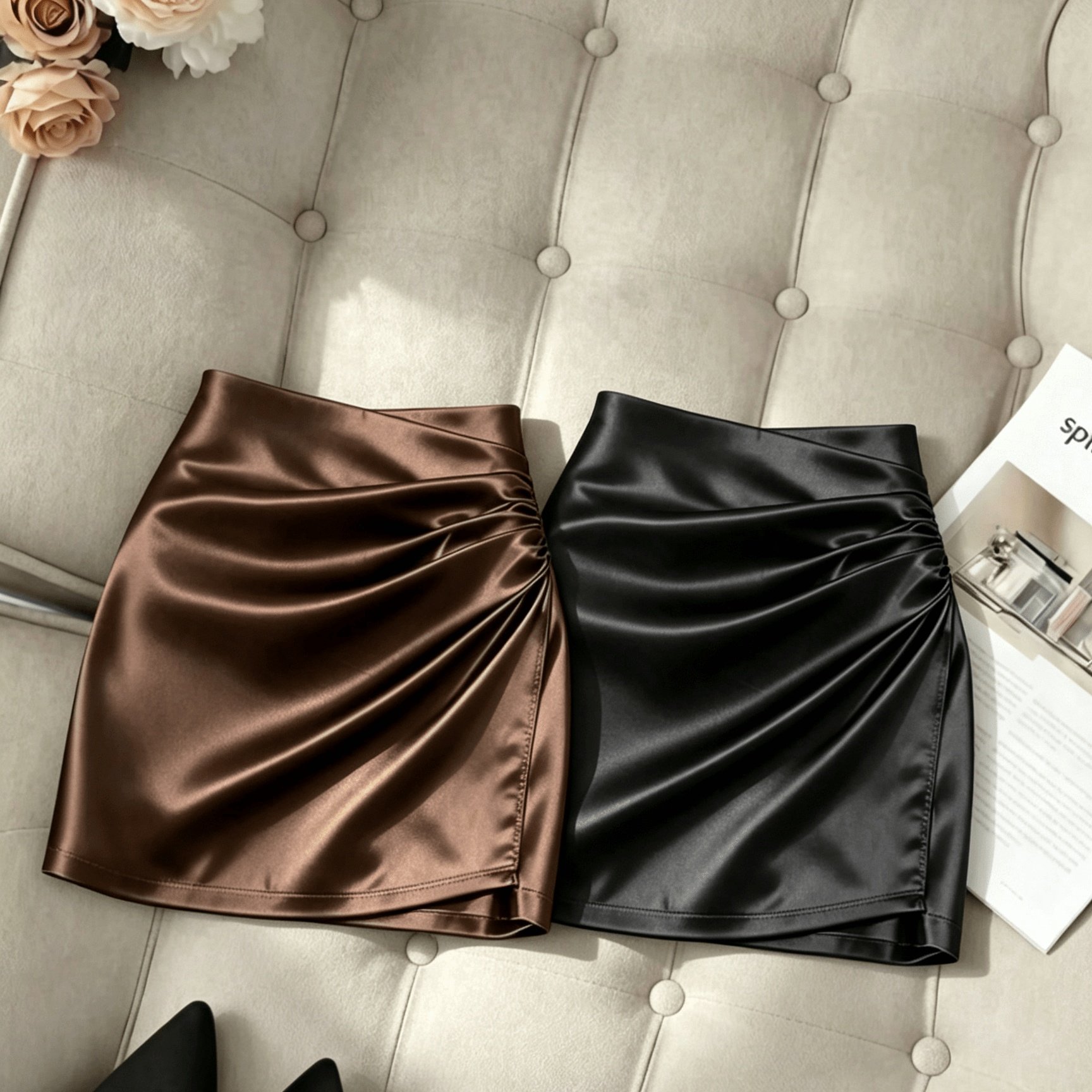 TEMU 2pcs Fashionable New Satin Asymmetrical Skirt, Spring -waist Fitted Tight Sexy Women's Elegant Midi Skirt