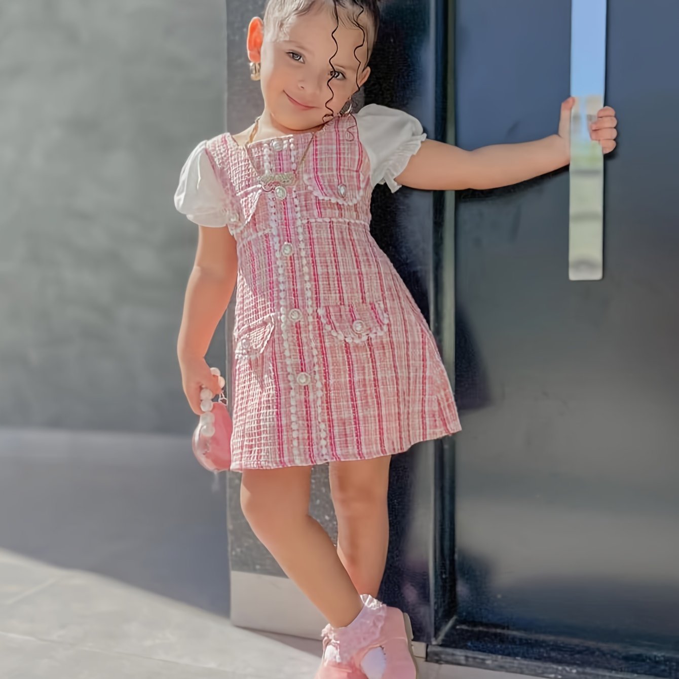 Image of Summer Girls' Tweed Pearl Button Small Ball Decoration Classic Elegant Style Puff Sleeve Dress With Pockets