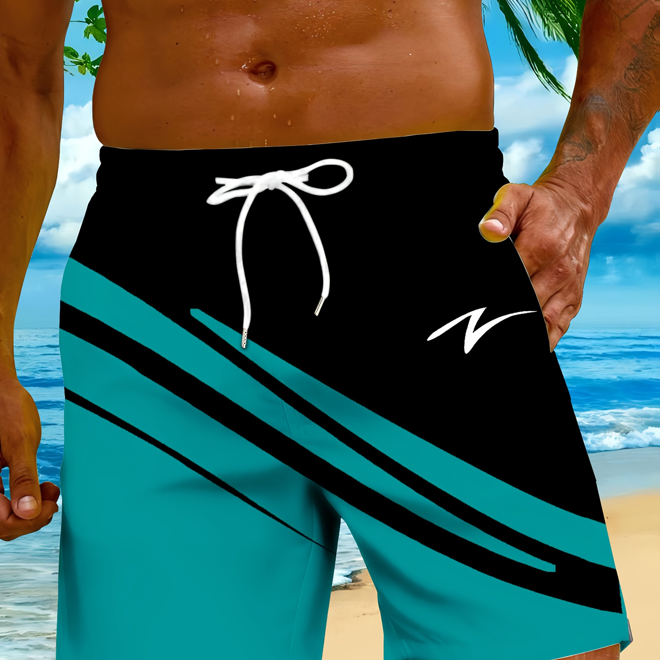 Men's Outdoor Beach Shorts, Hawaiian Style -block Stripes, Casual Sportswear For Beach, Seaside, Pool, And Vacation