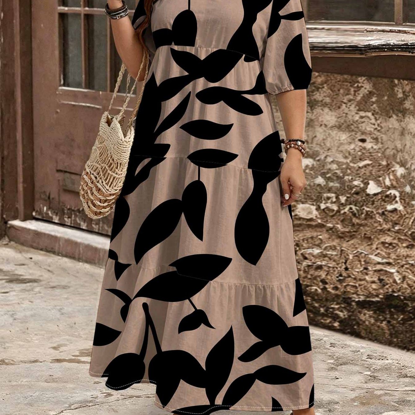 Image of Plus Size, Summer Plus Size Floral Leaves Printed Bubble Shortsleeved Maxi Dress For Women. Layered Cake . Vintage Artistic Bohemian Loosefitting Aesthetic Comfortable Vacation Resort Dress.